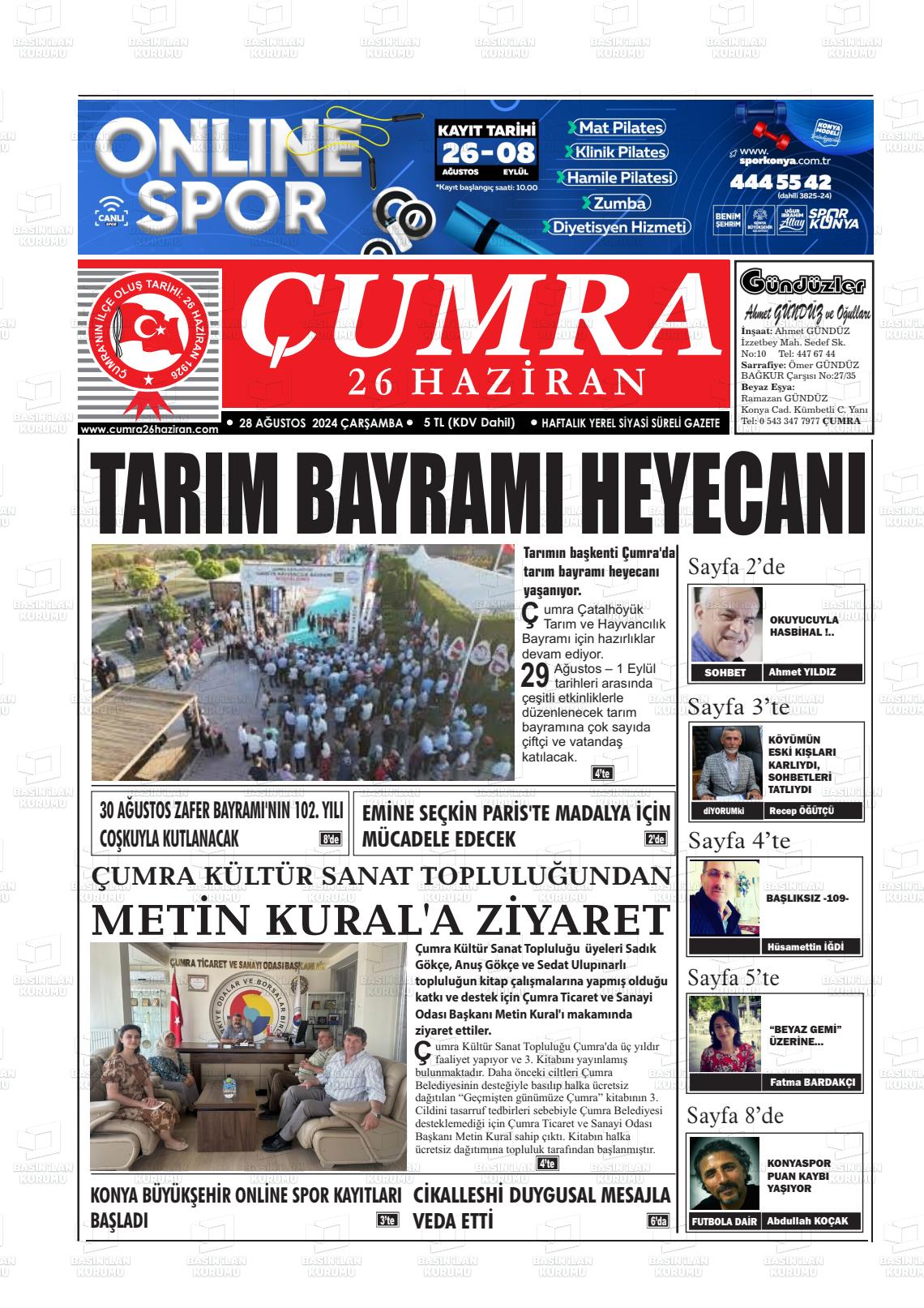 28 Ağustos 2024 Çumra 26 Haziran Gazete Manşeti