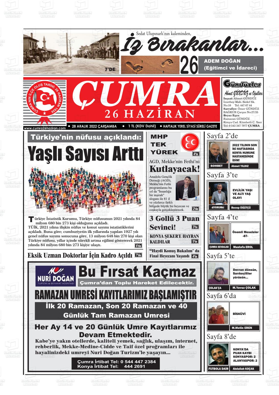 25 Şubat 2023 Çumra 26 Haziran Gazete Manşeti