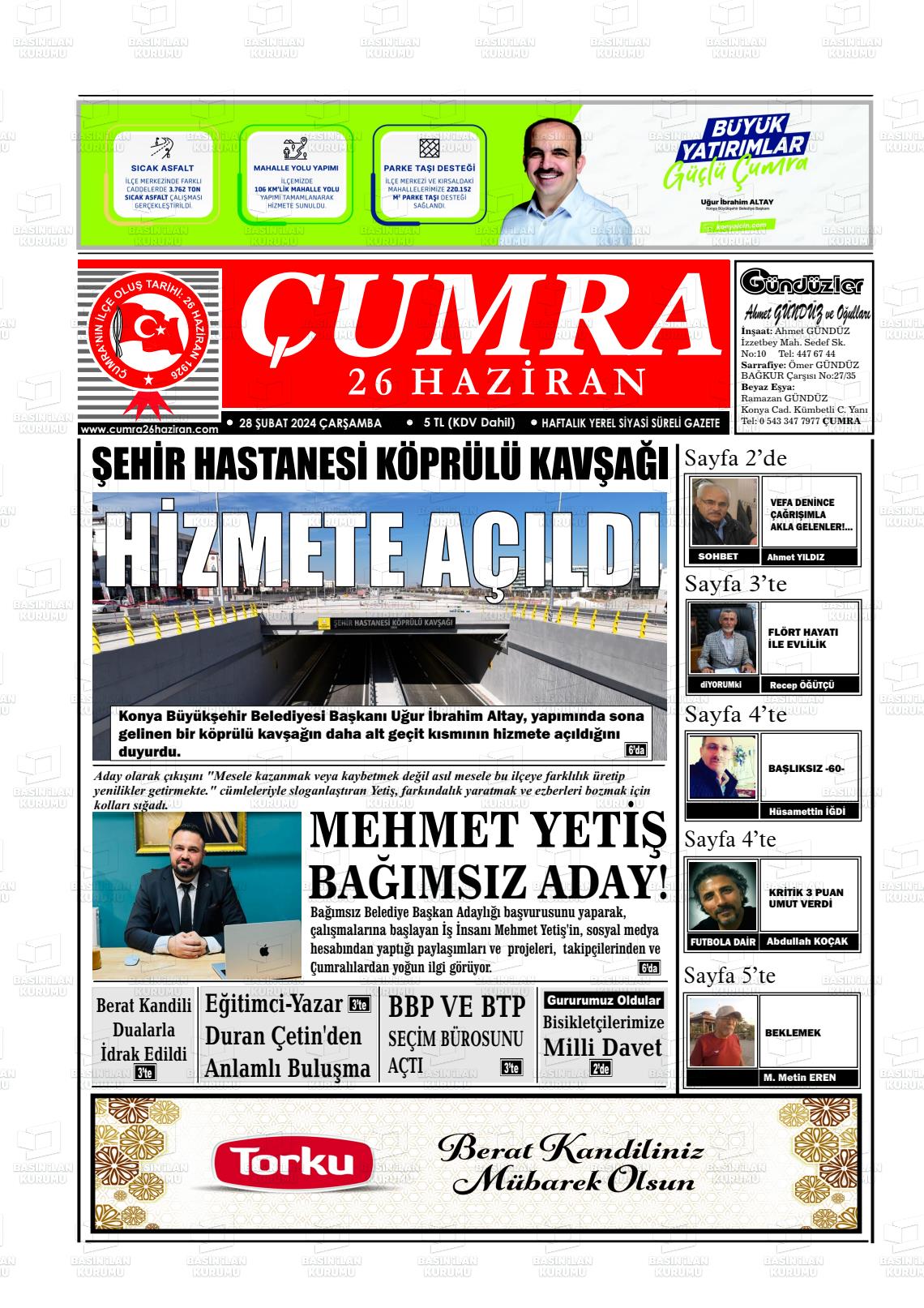 28 Şubat 2024 Çumra 26 Haziran Gazete Manşeti