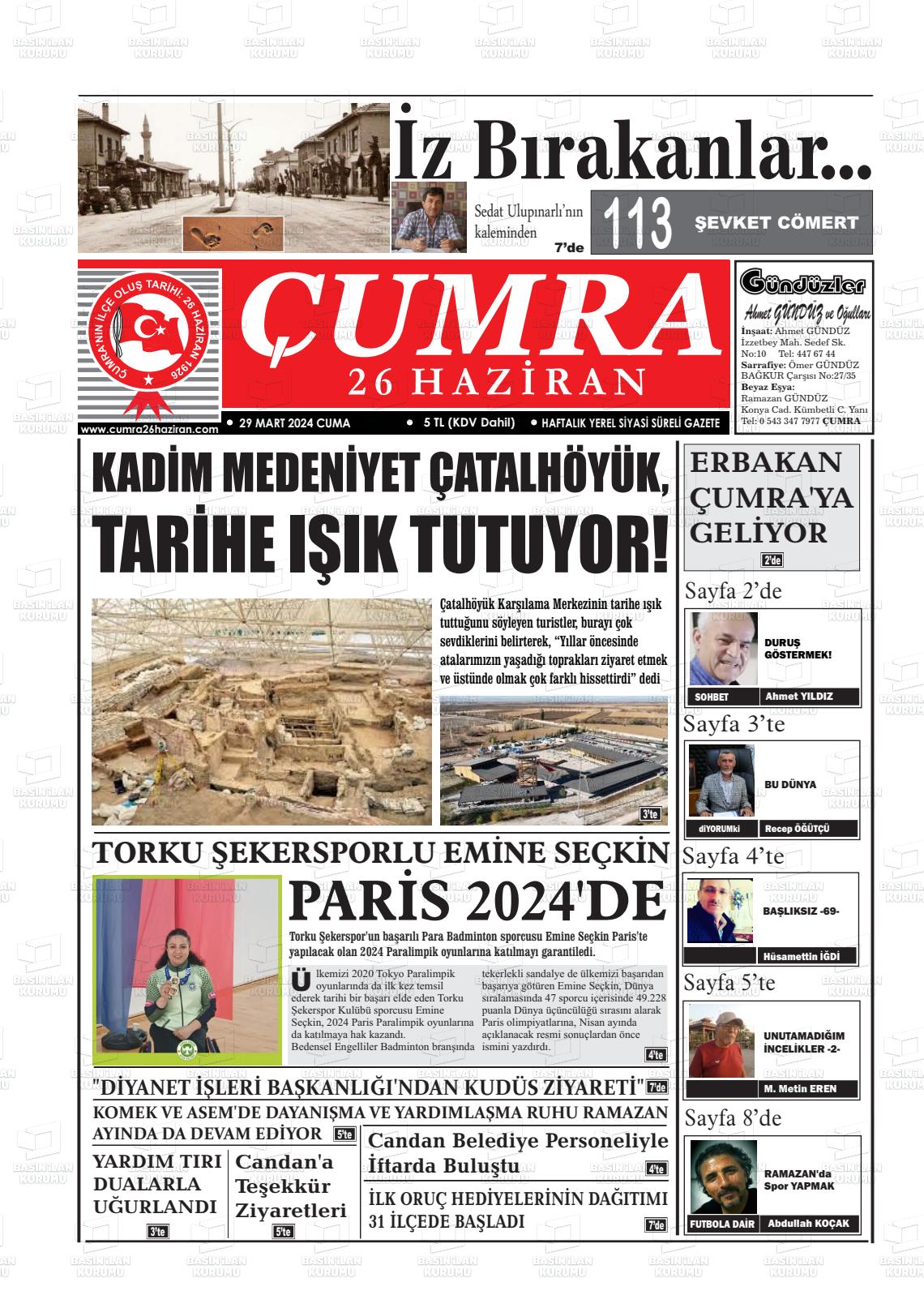 29 Mart 2024 Çumra 26 Haziran Gazete Manşeti