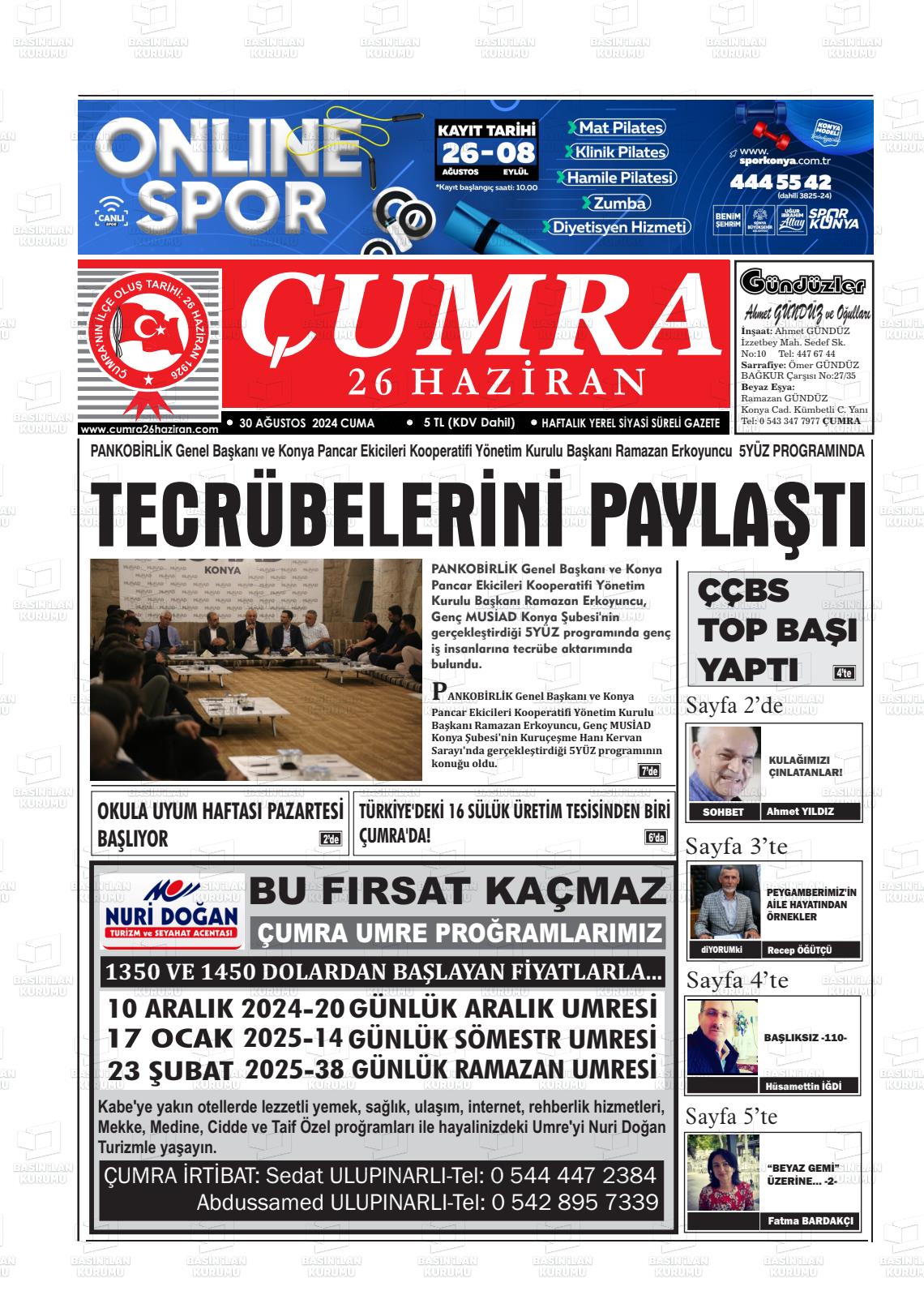 30 Ağustos 2024 Çumra 26 Haziran Gazete Manşeti