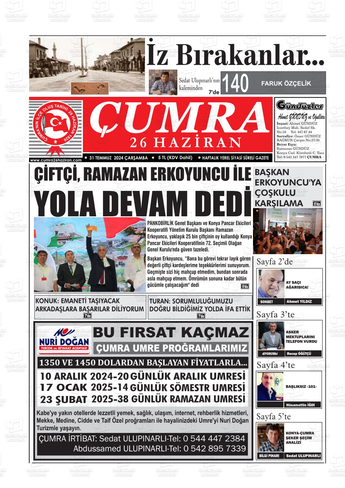 31 Temmuz 2024 Çumra 26 Haziran Gazete Manşeti