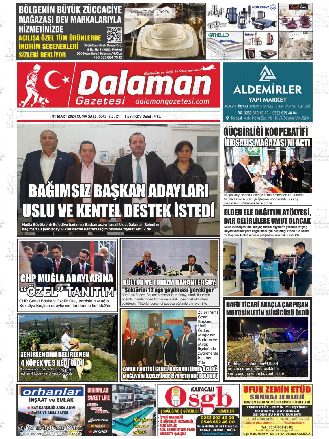 01 Mart 2024 Dalaman Gazete Manşeti