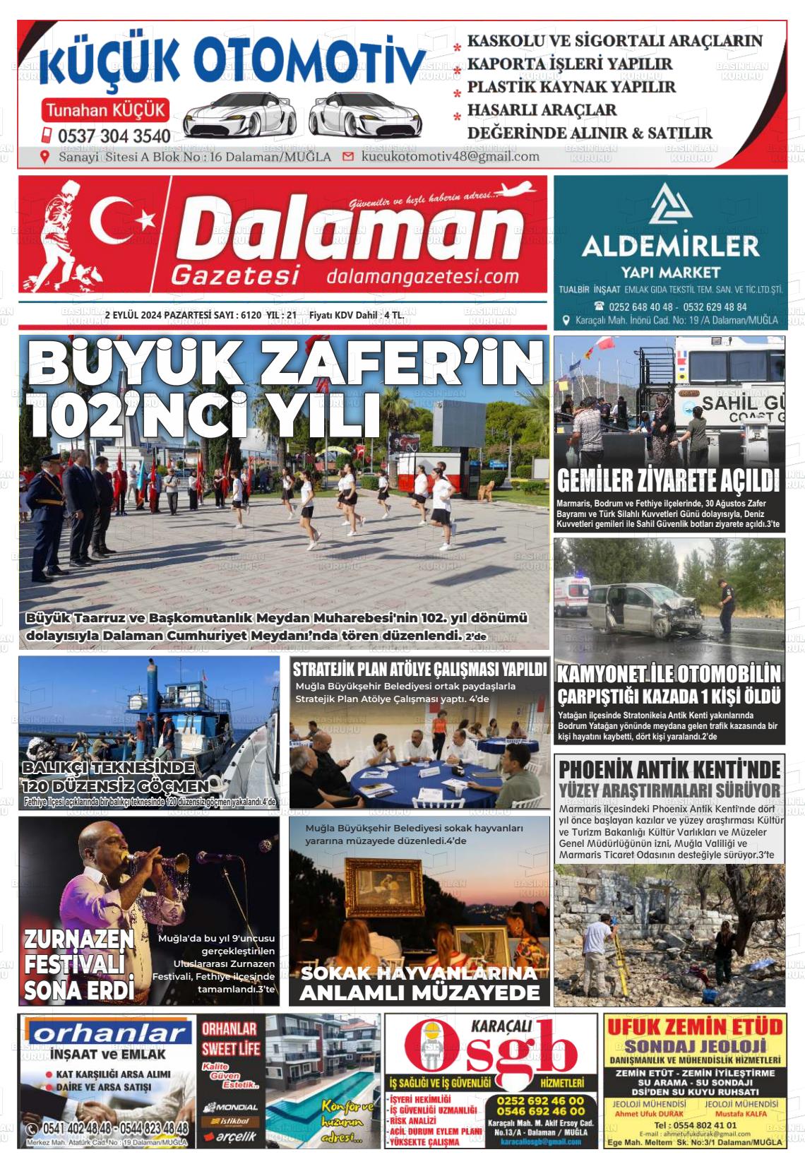 02 Eylül 2024 Dalaman Gazete Manşeti