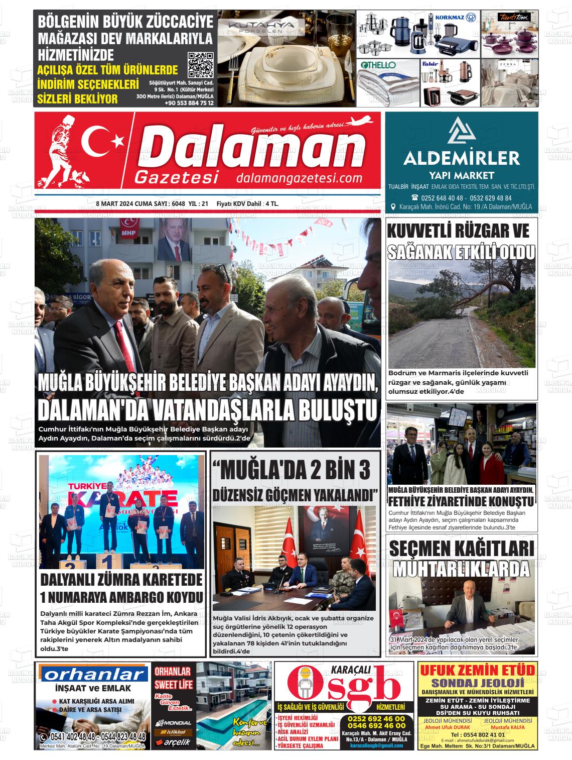 08 Mart 2024 Dalaman Gazete Manşeti