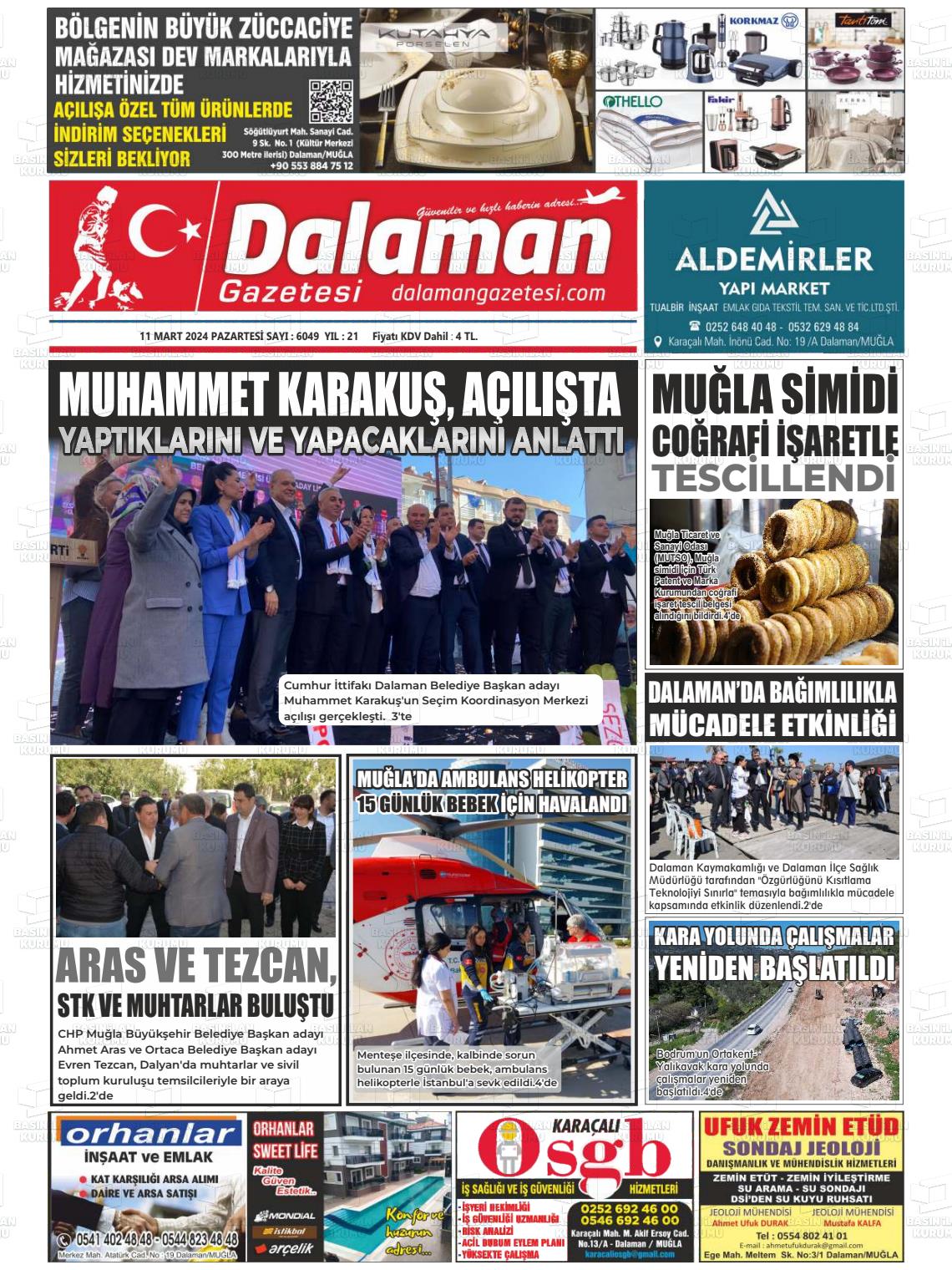 11 Mart 2024 Dalaman Gazete Manşeti