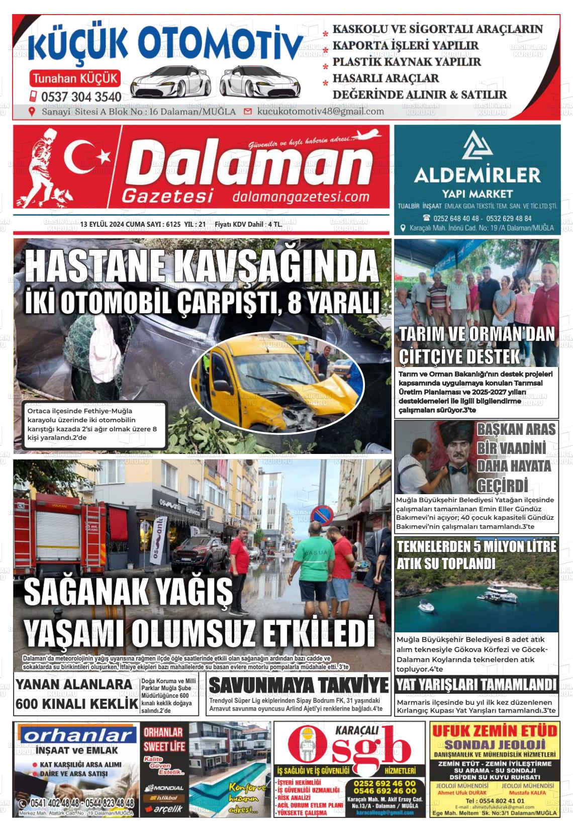 13 Eylül 2024 Dalaman Gazete Manşeti