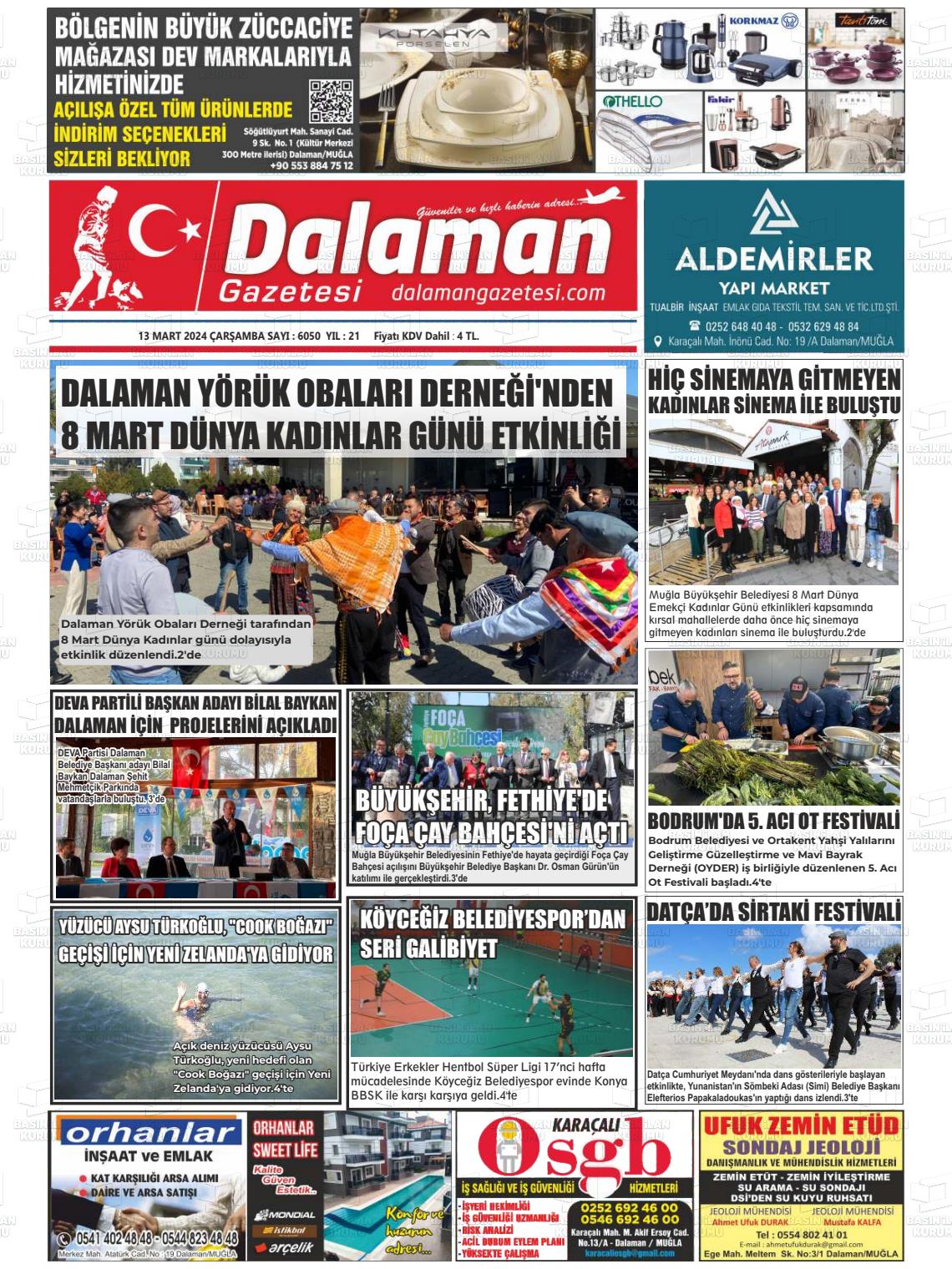 13 Mart 2024 Dalaman Gazete Manşeti