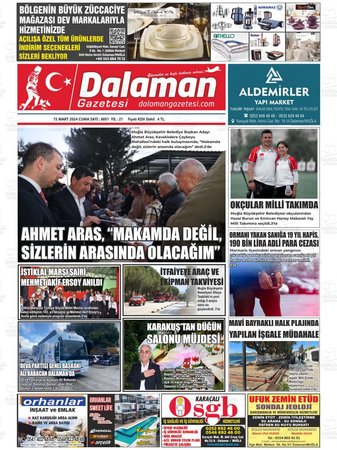 15 Mart 2024 Dalaman Gazete Manşeti