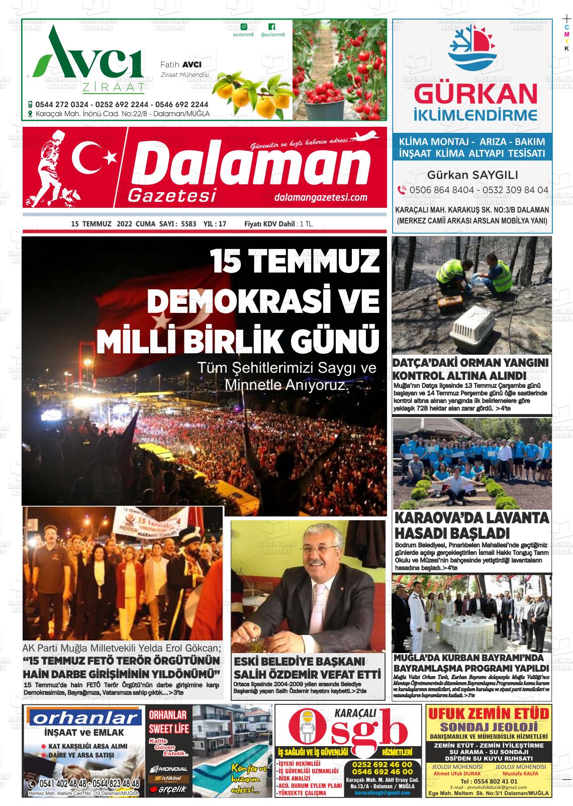 15 Temmuz 2022 Dalaman Gazete Manşeti