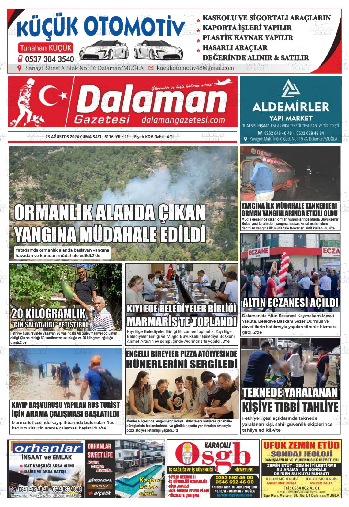 23 Ağustos 2024 Dalaman Gazete Manşeti