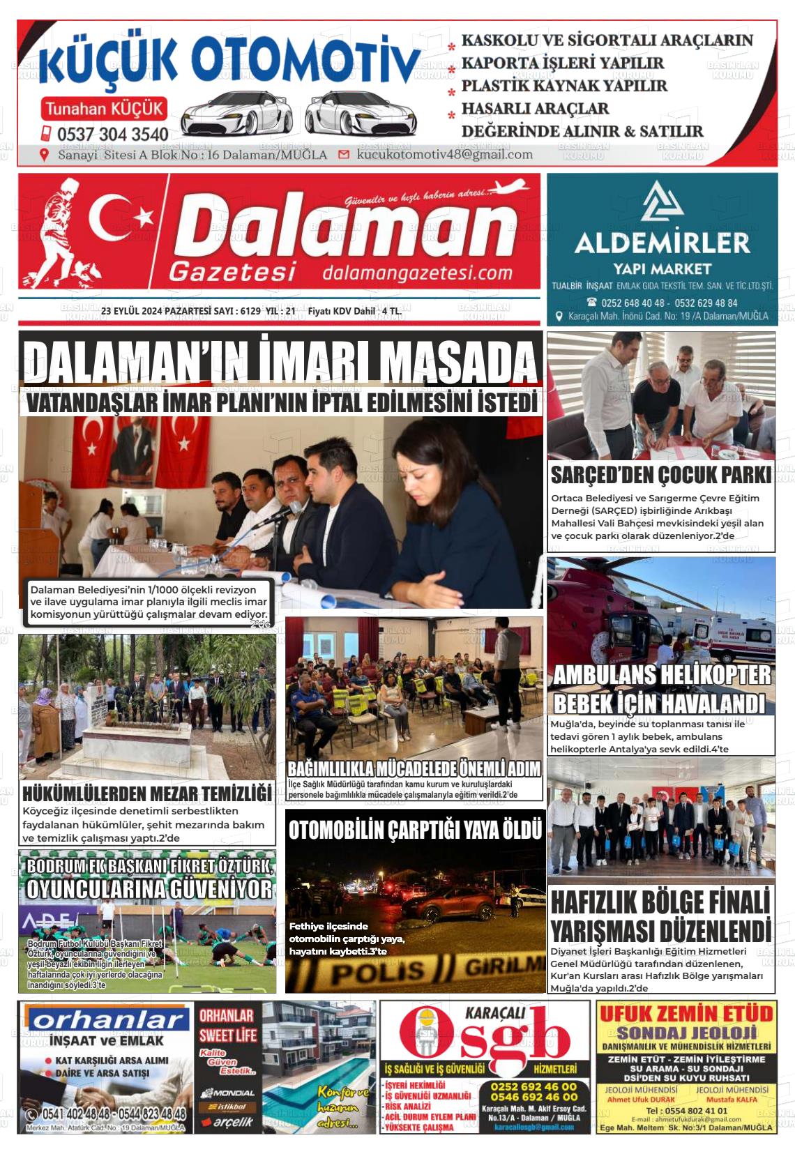 23 Eylül 2024 Dalaman Gazete Manşeti