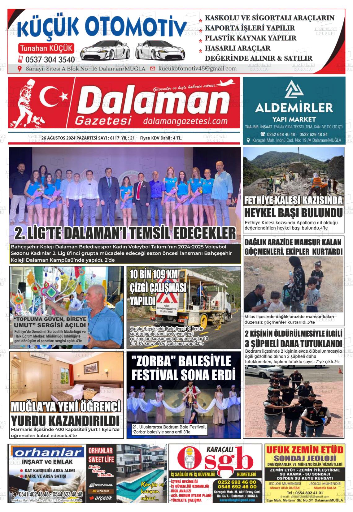 26 Ağustos 2024 Dalaman Gazete Manşeti