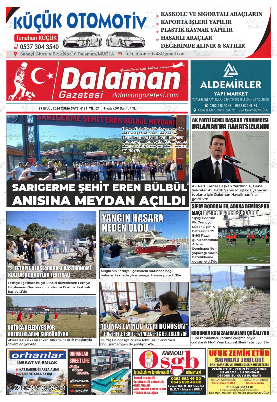 27 Eylül 2024 Dalaman Gazete Manşeti