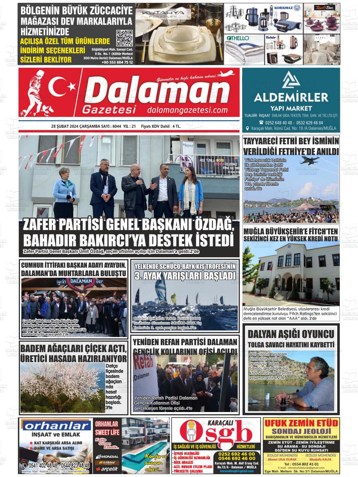 28 Şubat 2024 Dalaman Gazete Manşeti