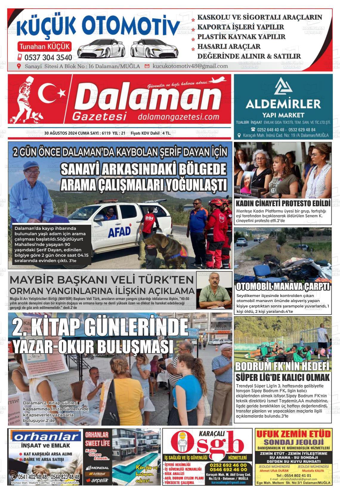 30 Ağustos 2024 Dalaman Gazete Manşeti