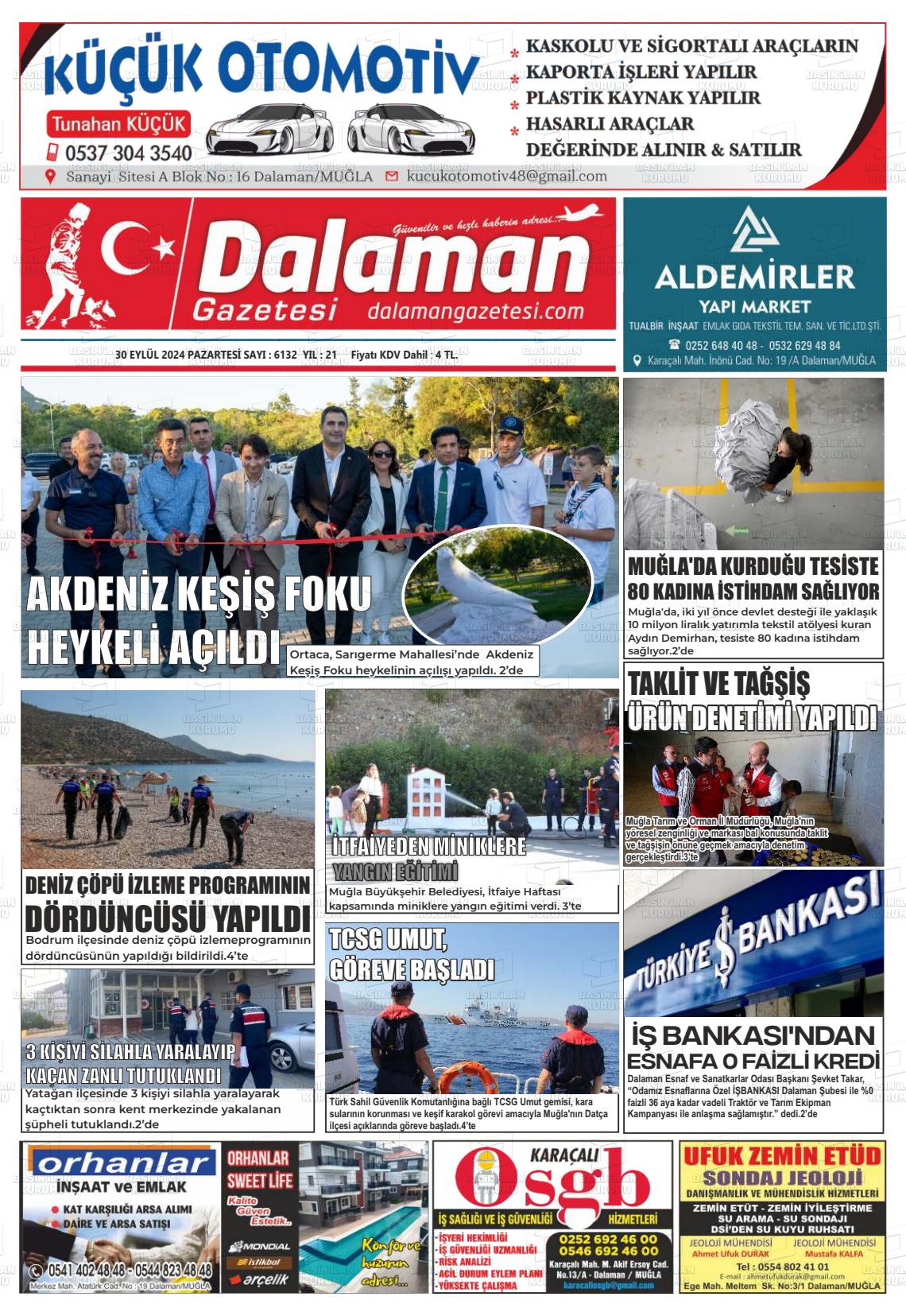 30 Eylül 2024 Dalaman Gazete Manşeti