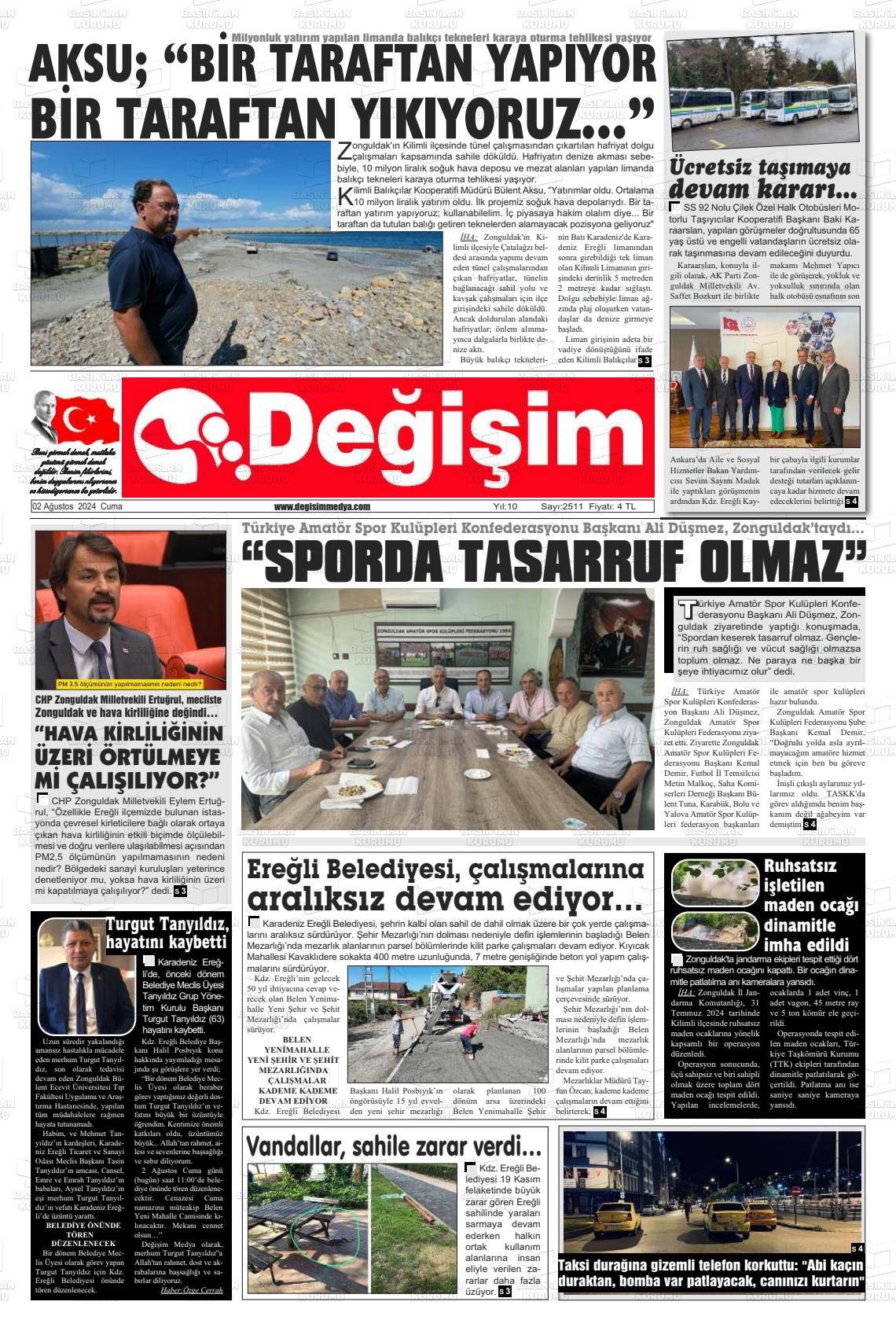 02 Ağustos 2024 Değişim Gazete Manşeti