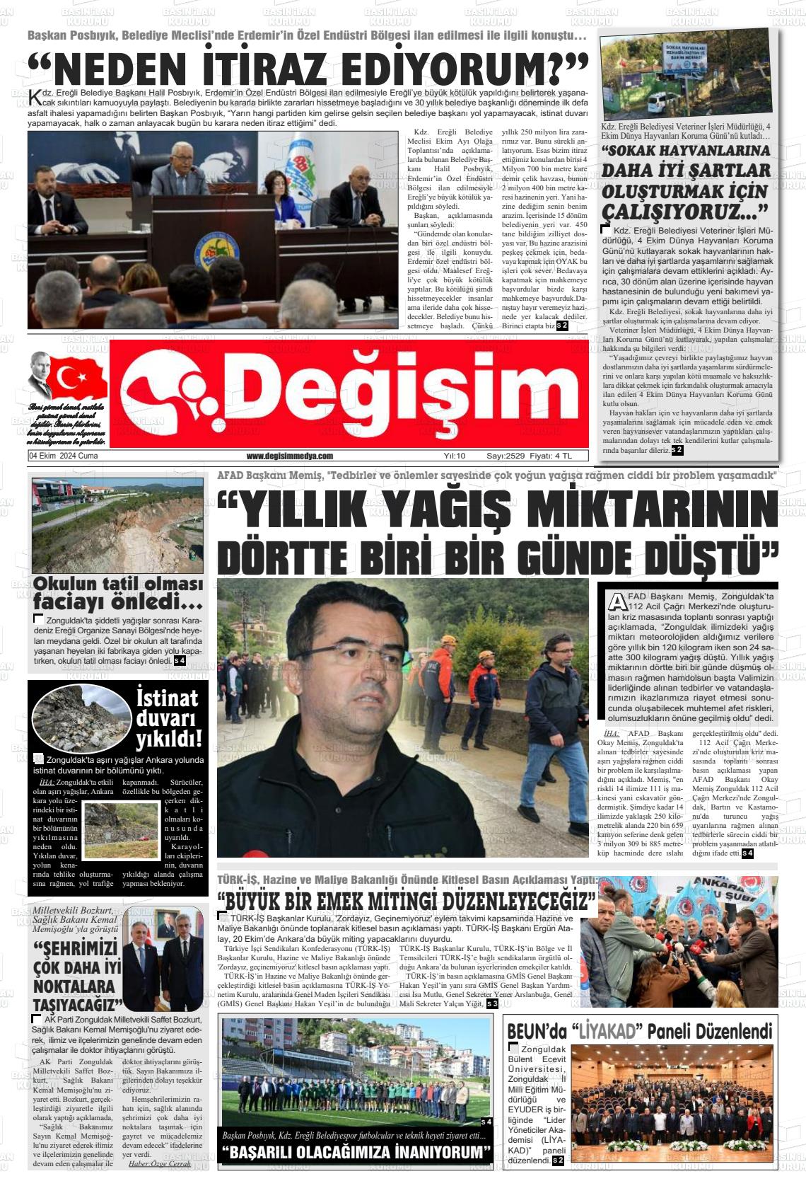 04 Ekim 2024 Değişim Gazete Manşeti