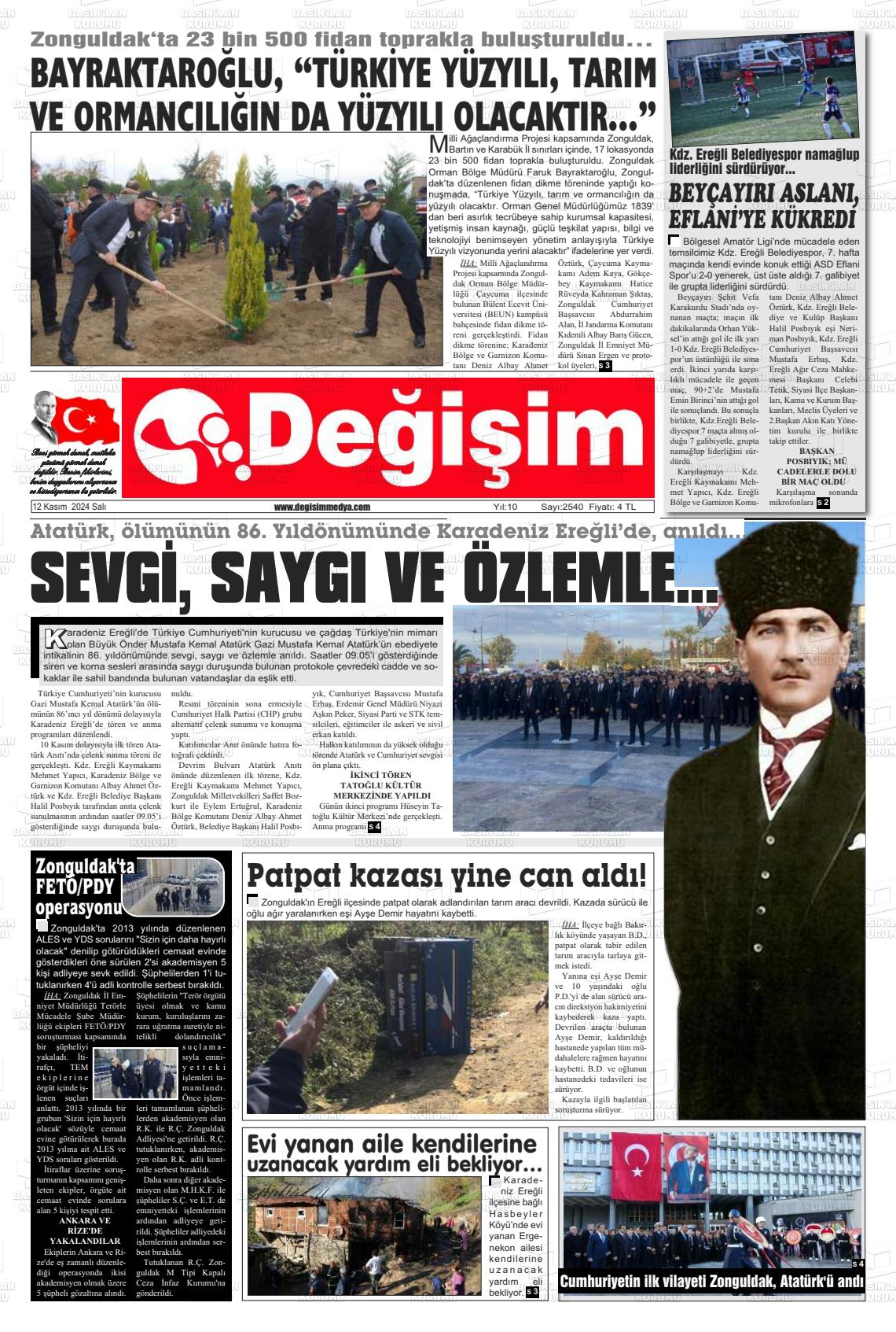 12 Kasım 2024 Değişim Gazete Manşeti