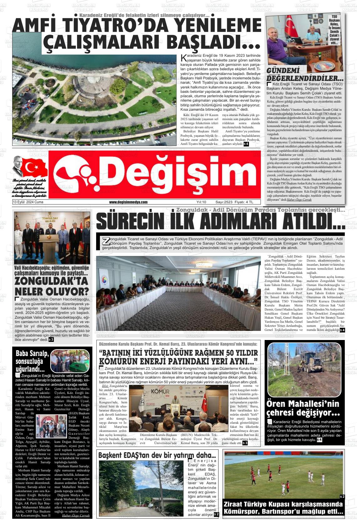 13 Eylül 2024 Değişim Gazete Manşeti