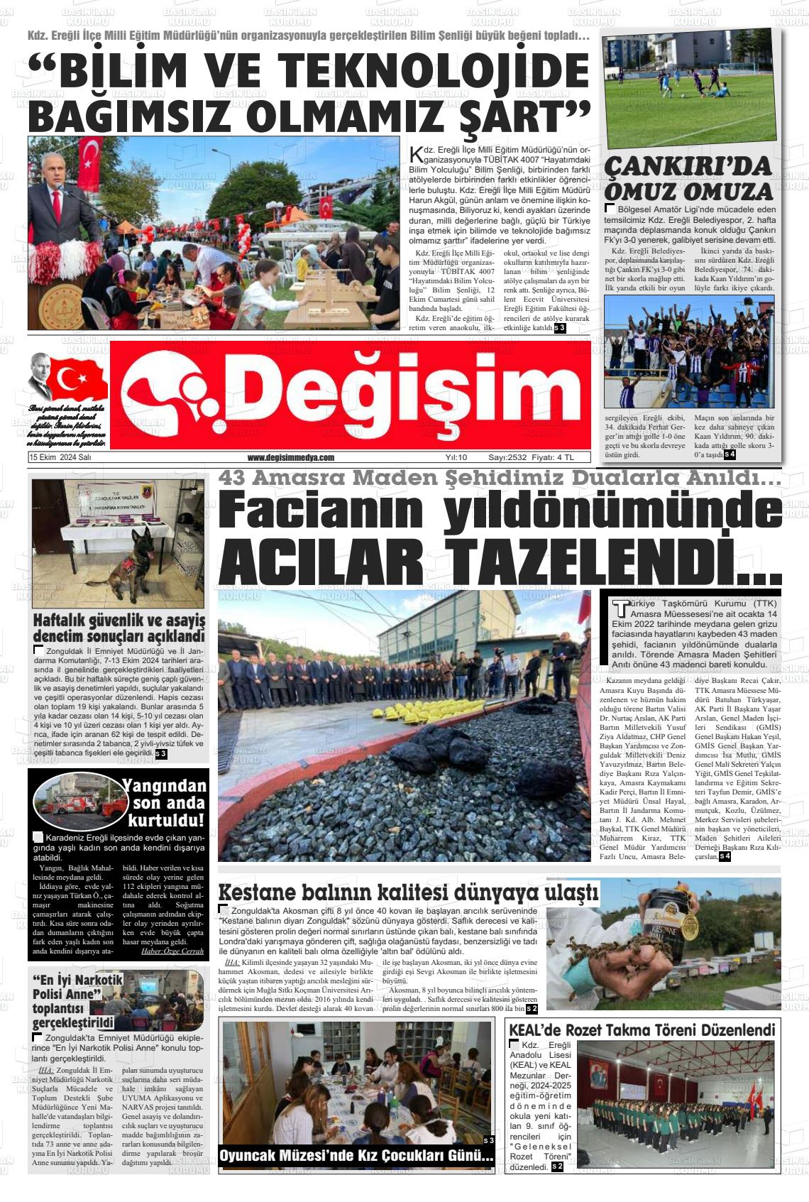 15 Ekim 2024 Değişim Gazete Manşeti