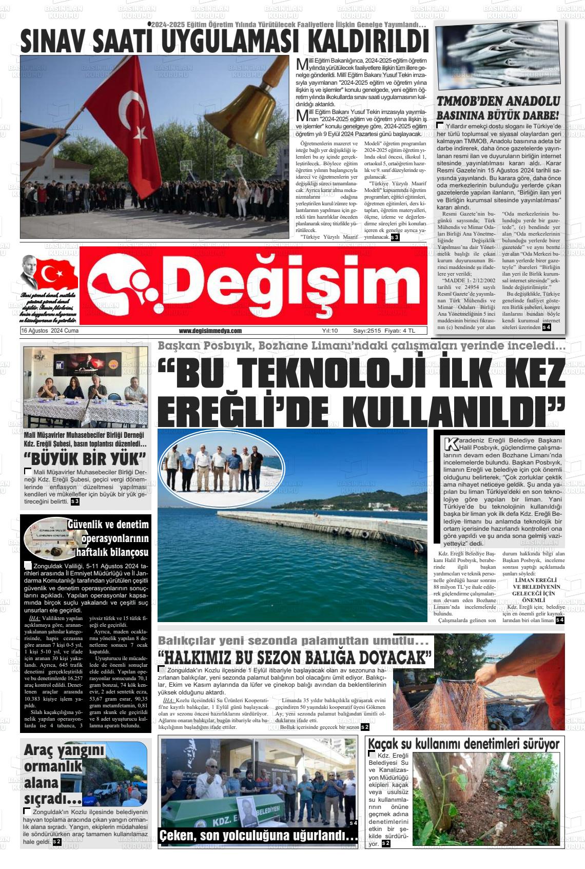 16 Ağustos 2024 Değişim Gazete Manşeti