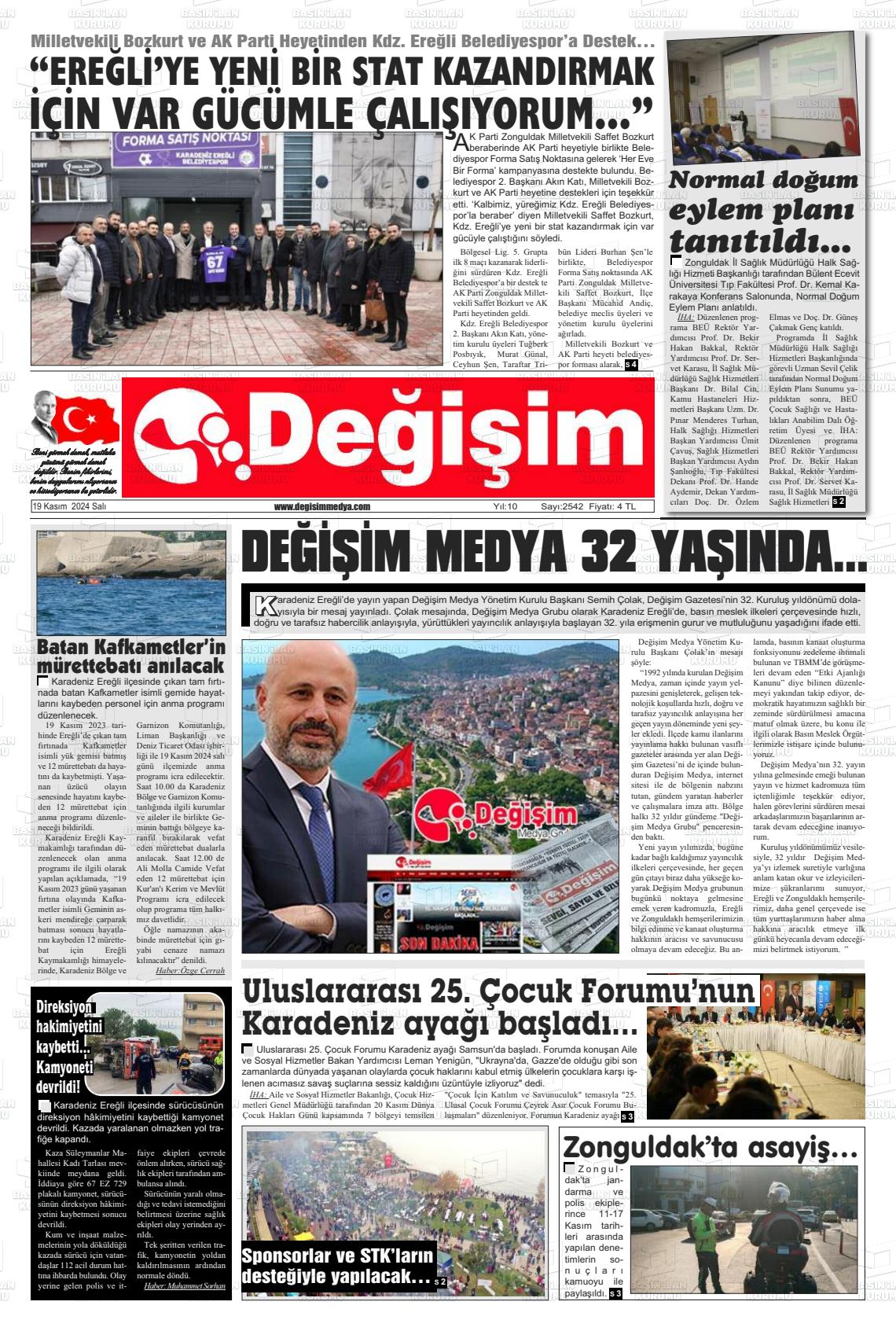 19 Kasım 2024 Değişim Gazete Manşeti