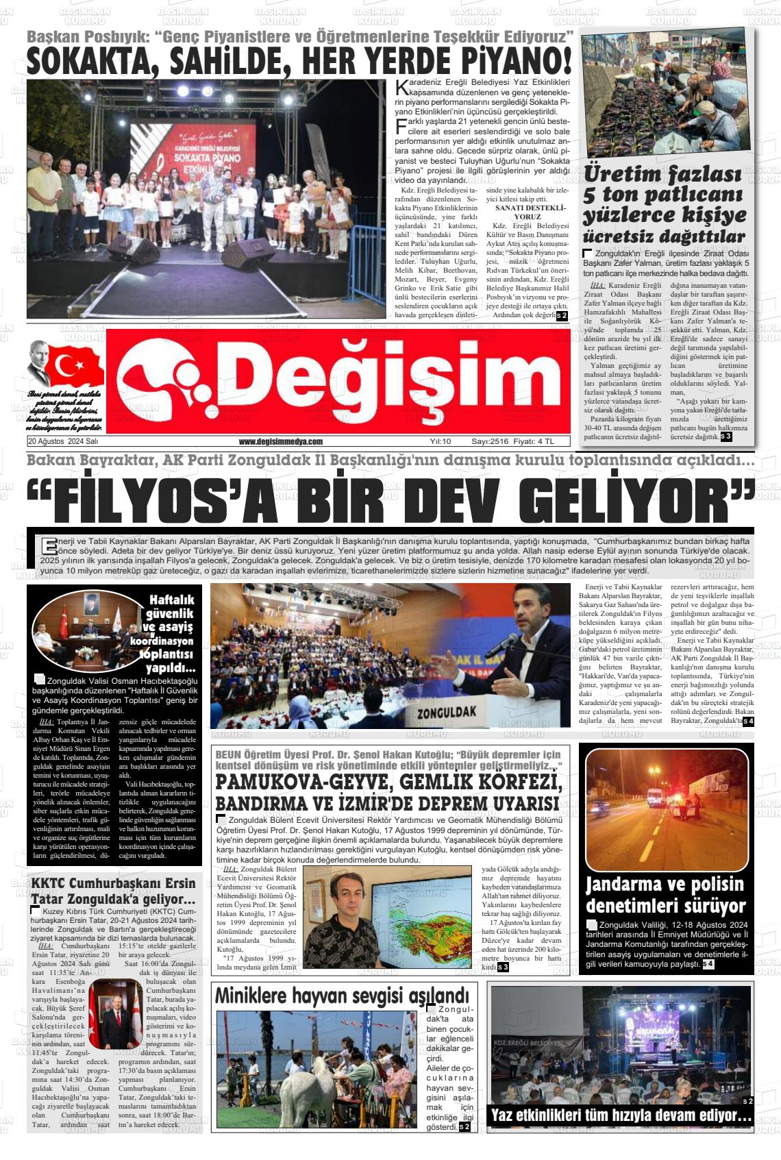 20 Ağustos 2024 Değişim Gazete Manşeti