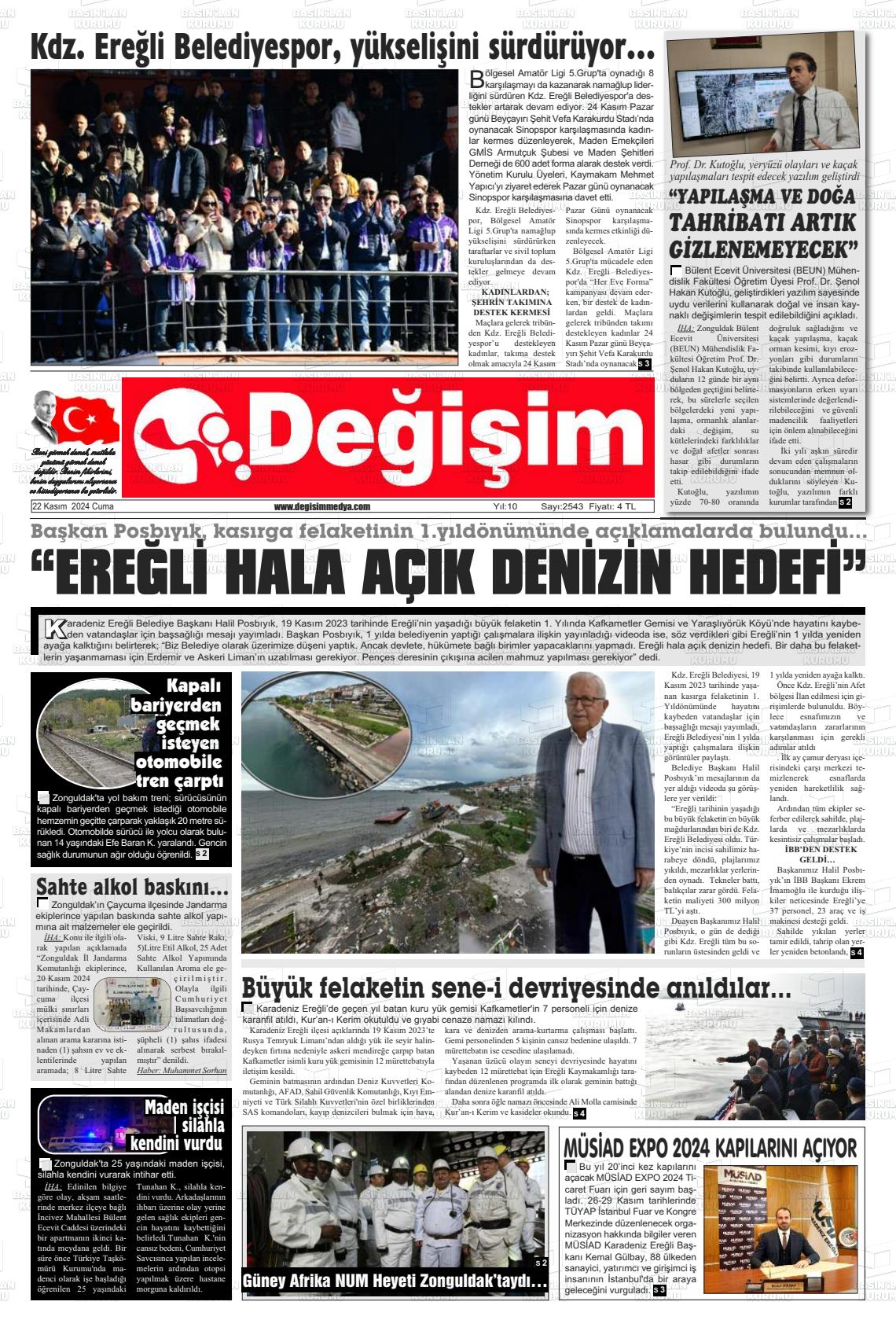 22 Kasım 2024 Değişim Gazete Manşeti