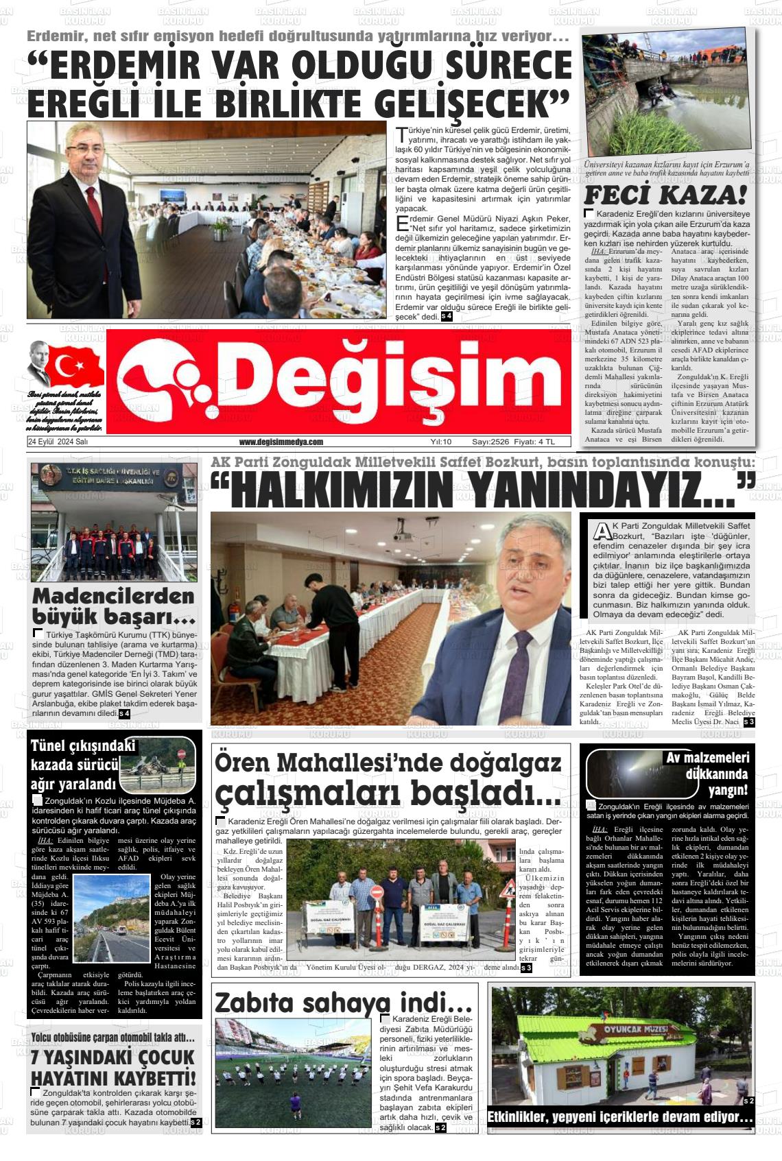 24 Eylül 2024 Değişim Gazete Manşeti