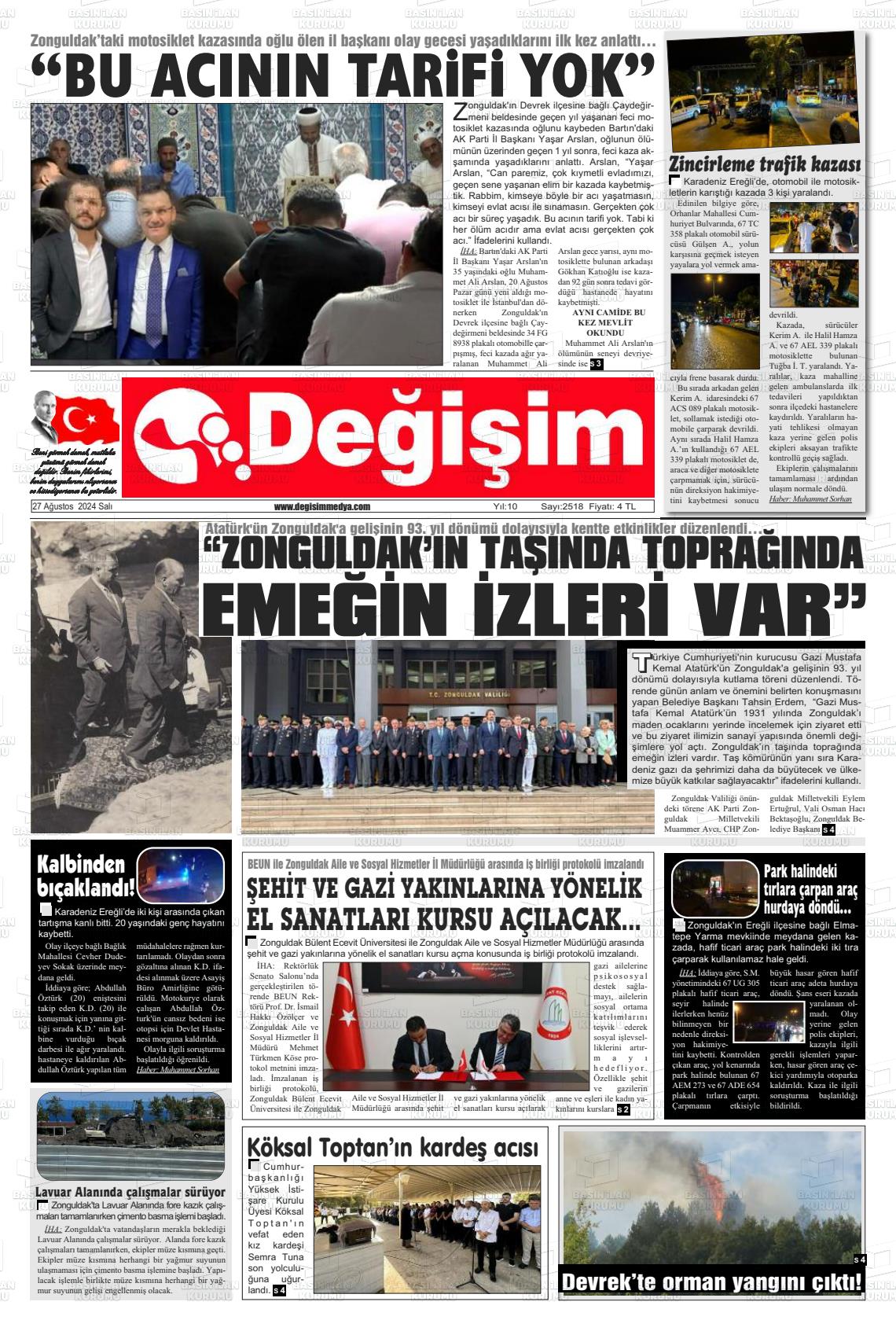 27 Ağustos 2024 Değişim Gazete Manşeti