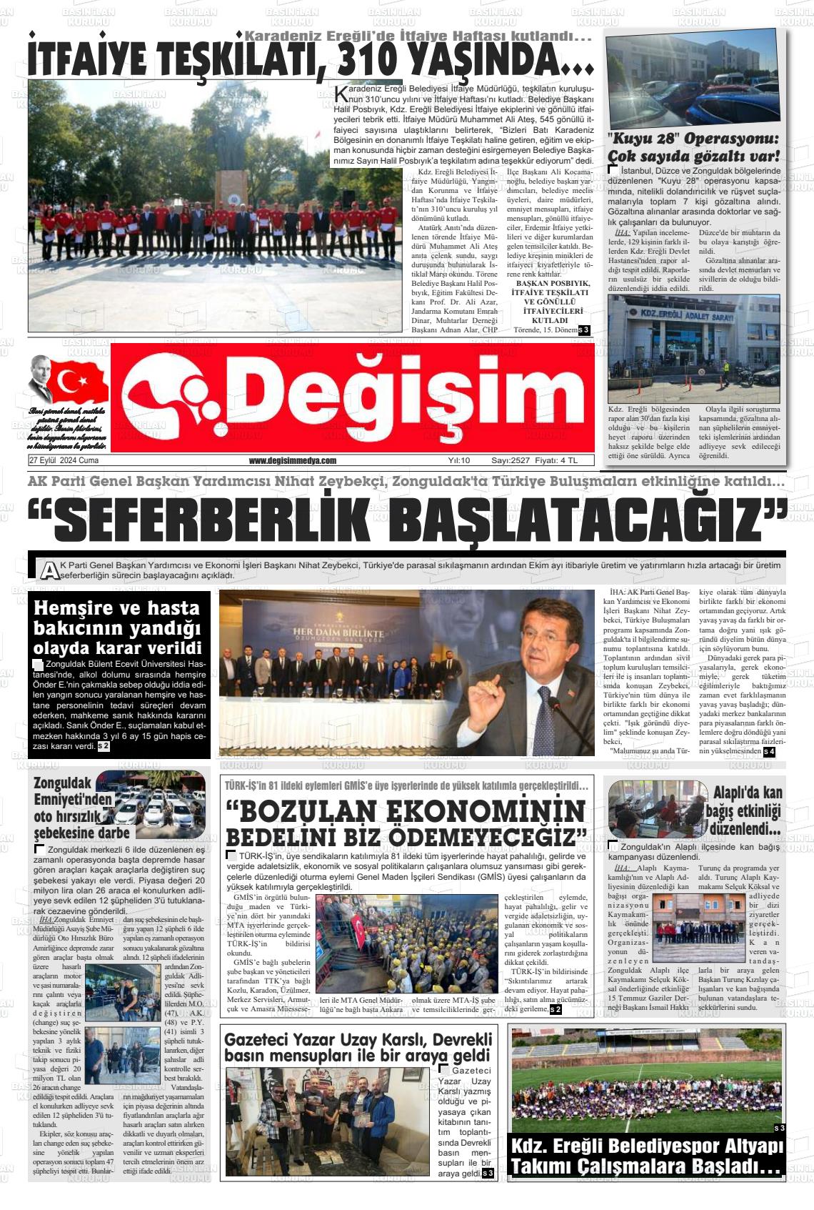 27 Eylül 2024 Değişim Gazete Manşeti