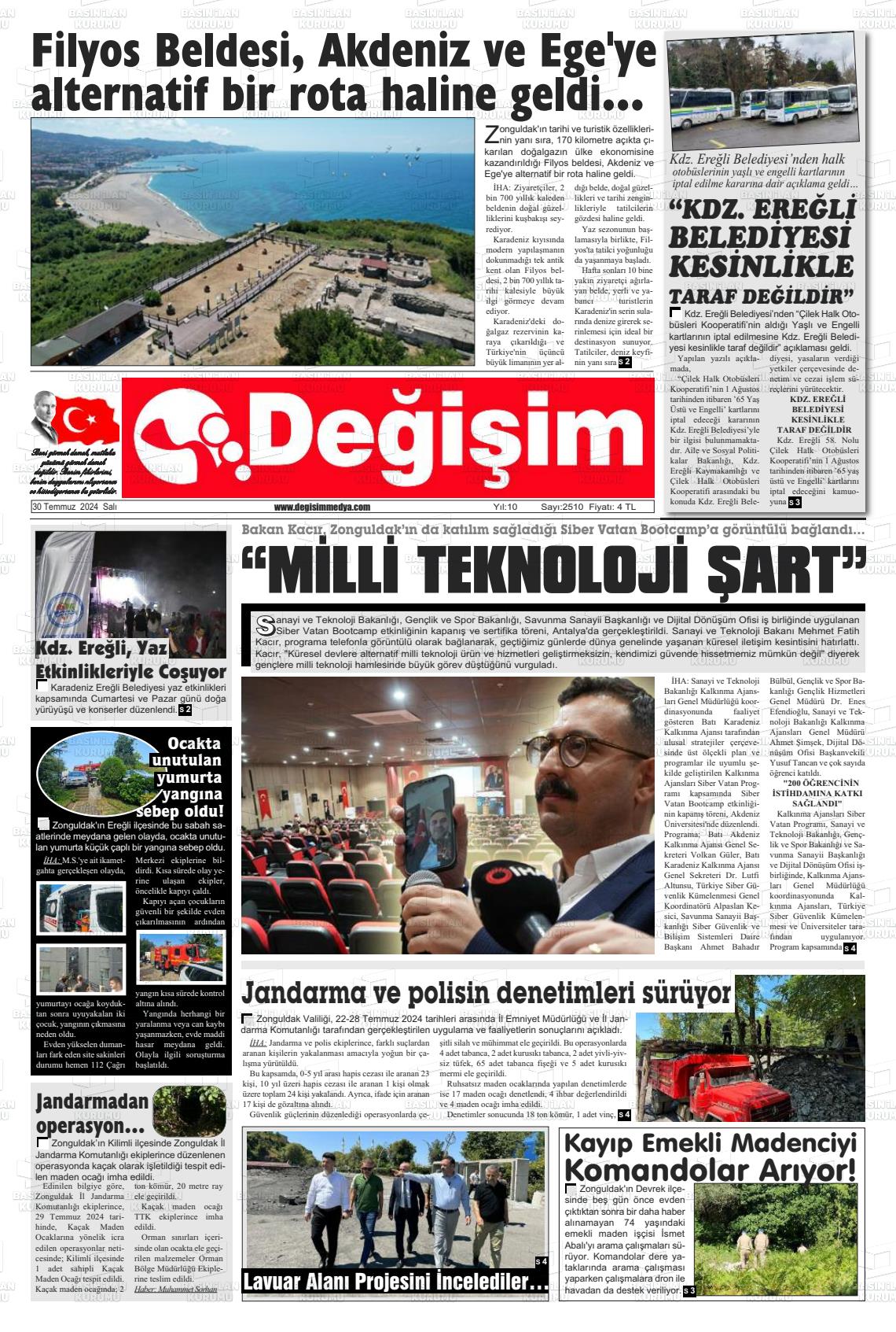 30 Temmuz 2024 Değişim Gazete Manşeti