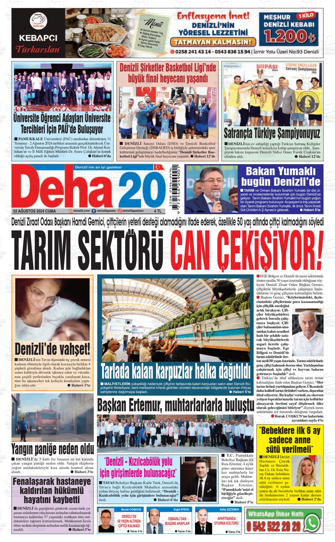 02 Ağustos 2024 Deha 20 Gazete Manşeti