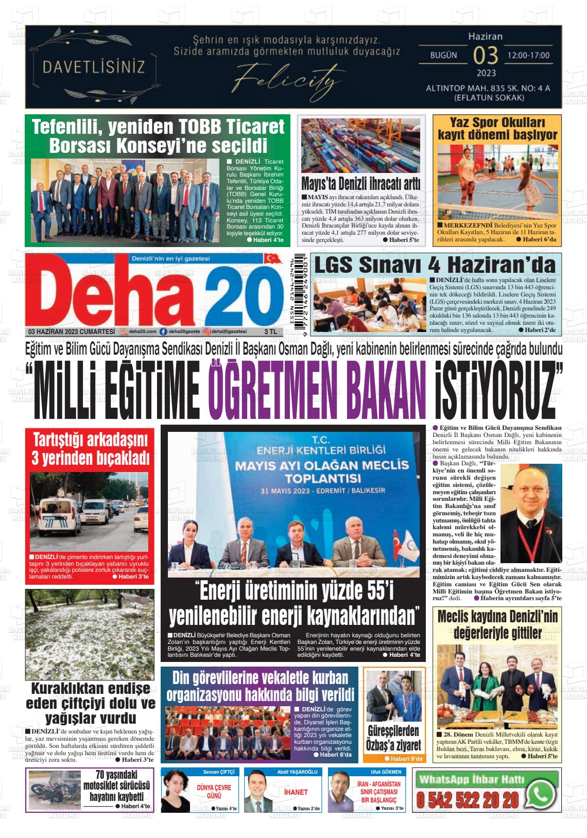 03 Haziran 2023 Deha 20 Gazete Manşeti