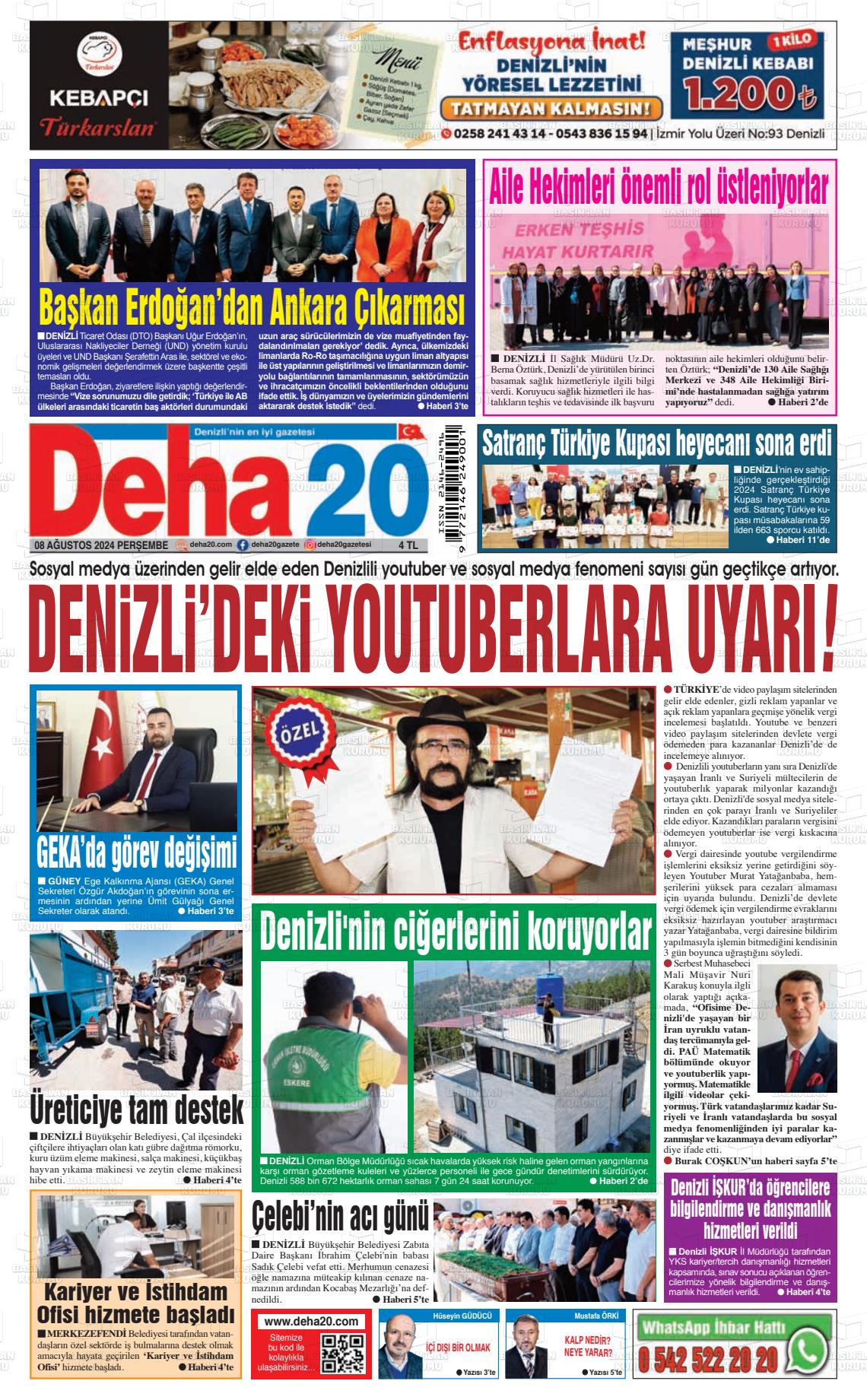 08 Ağustos 2024 Deha 20 Gazete Manşeti