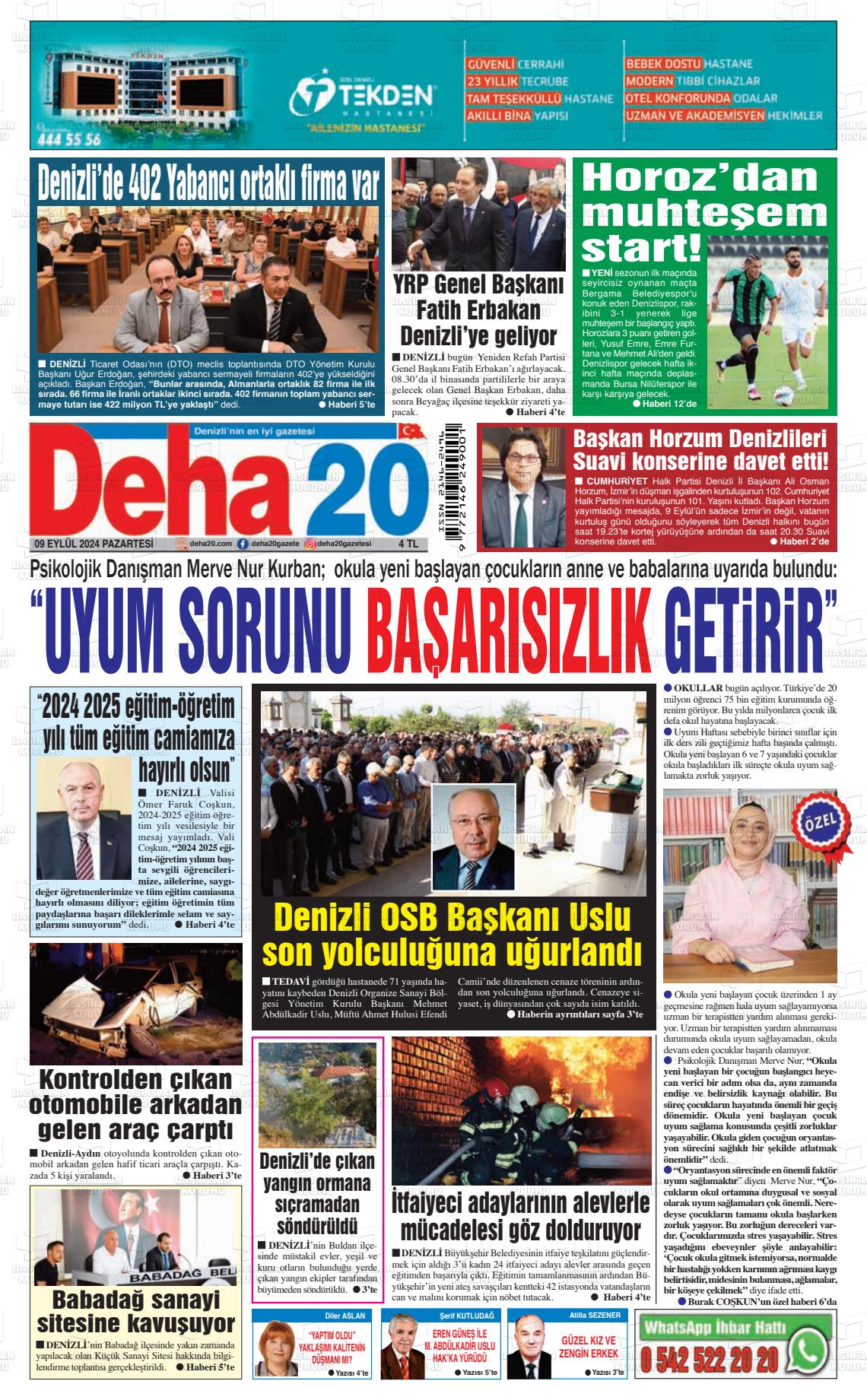 09 Eylül 2024 Deha 20 Gazete Manşeti