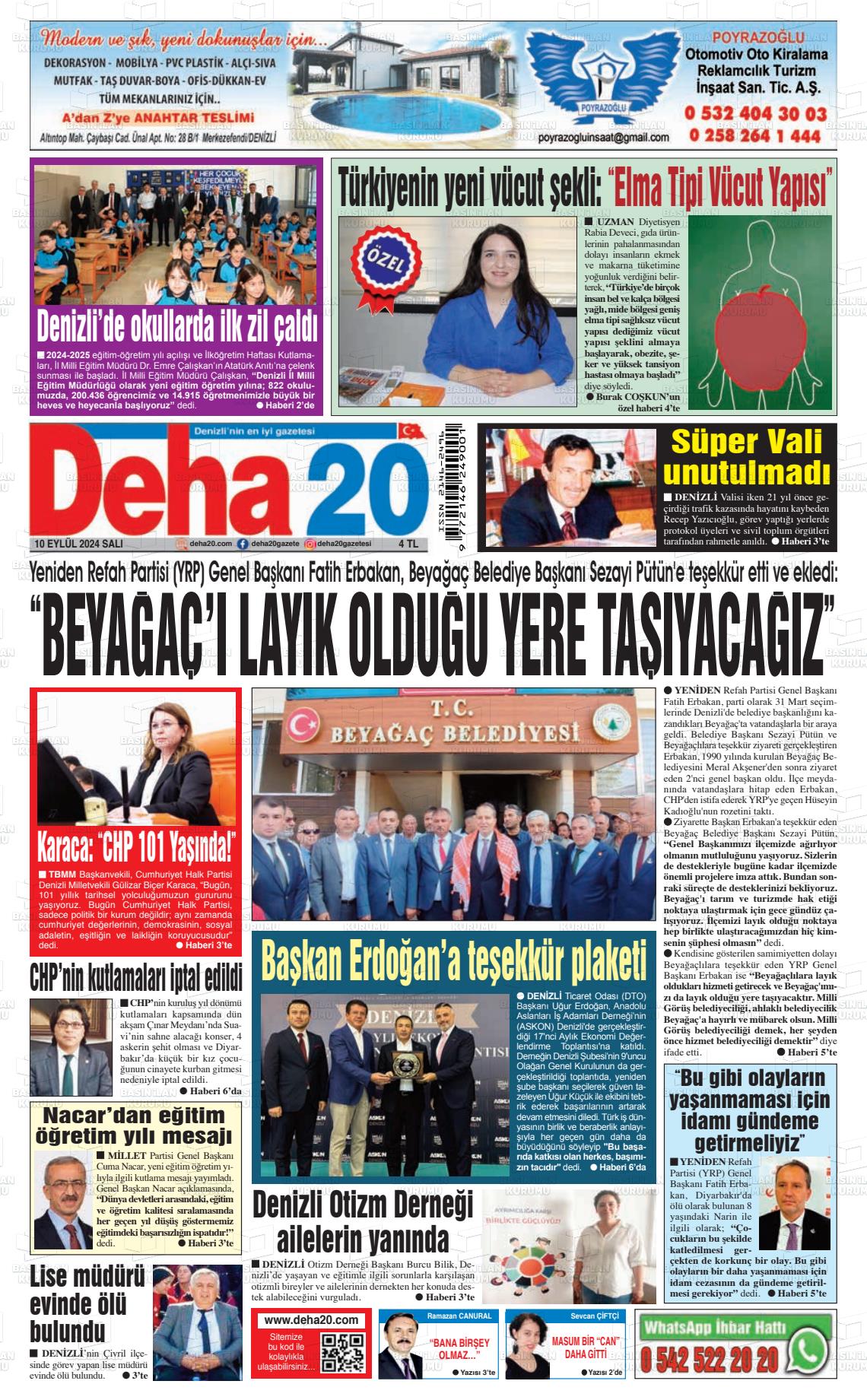 10 Eylül 2024 Deha 20 Gazete Manşeti