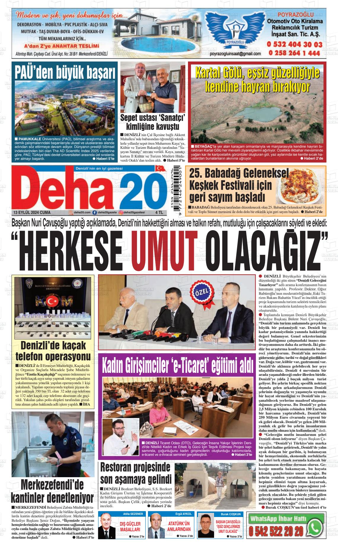 13 Eylül 2024 Deha 20 Gazete Manşeti