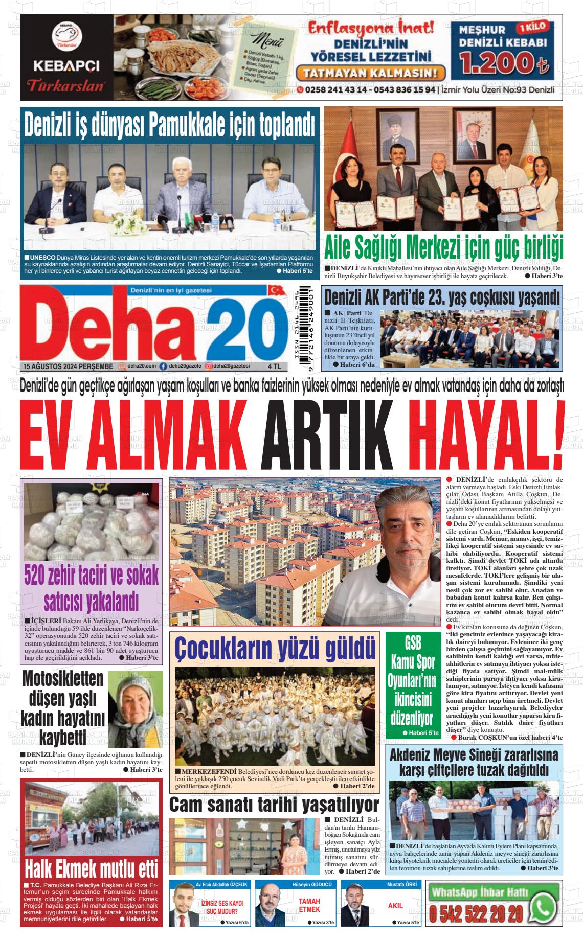 15 Ağustos 2024 Deha 20 Gazete Manşeti