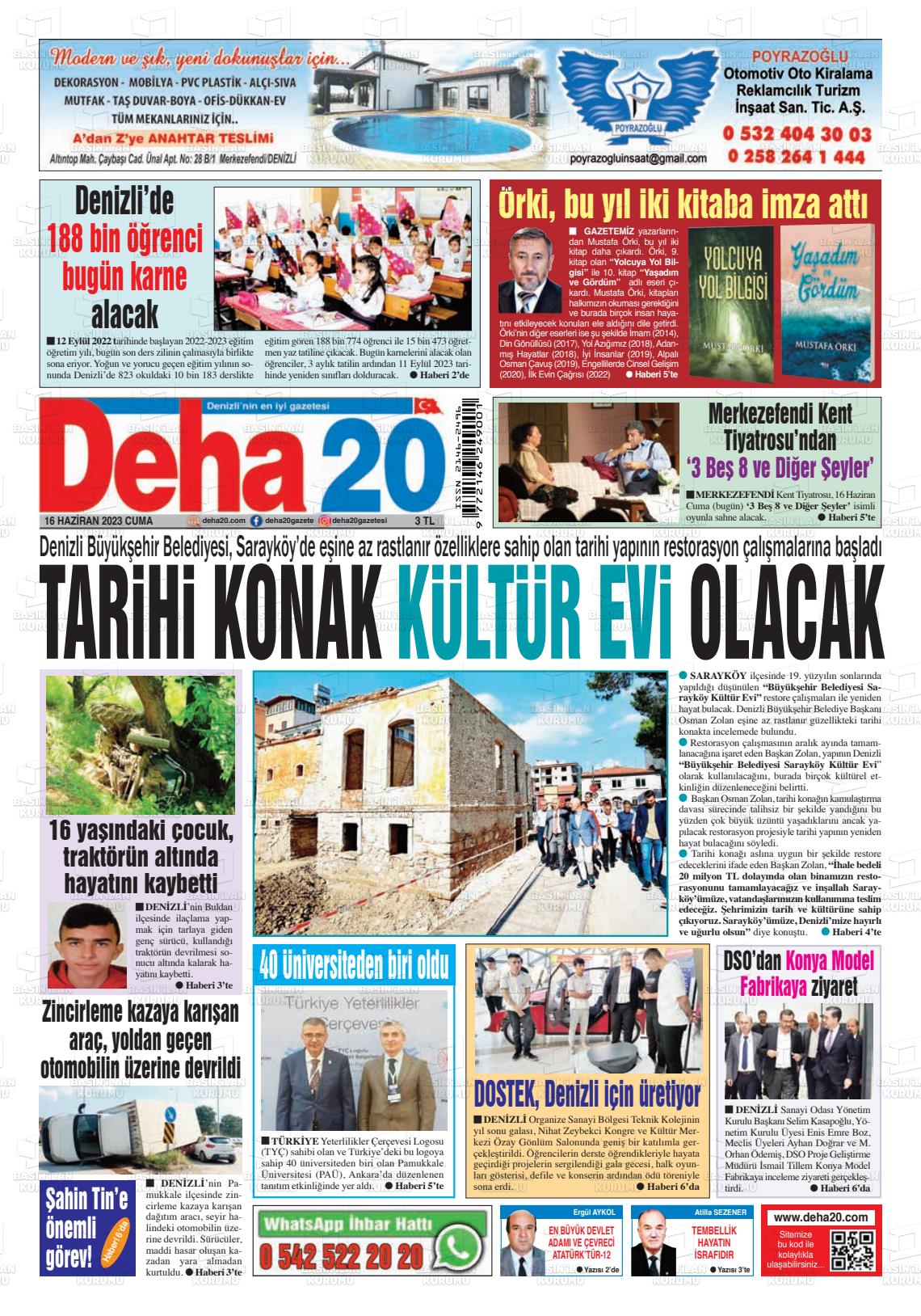 16 Haziran 2023 Deha 20 Gazete Manşeti