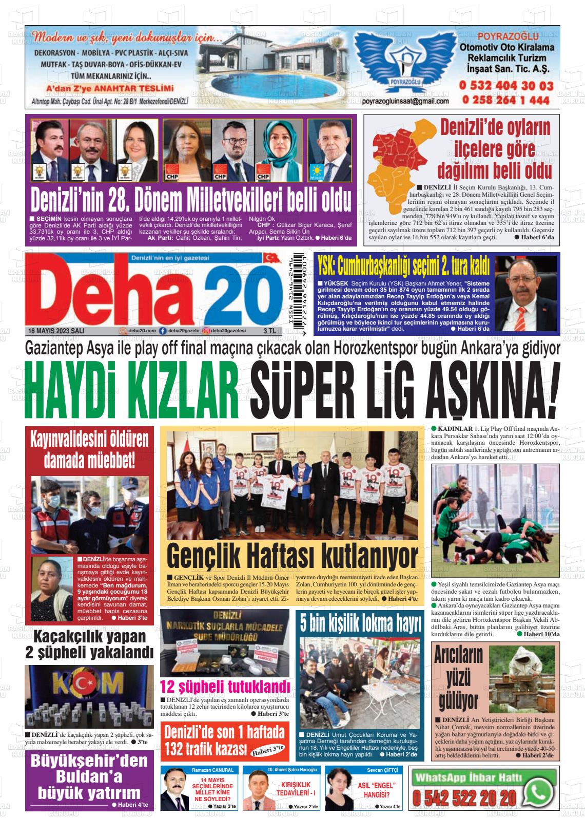 16 Mayıs 2023 Deha 20 Gazete Manşeti