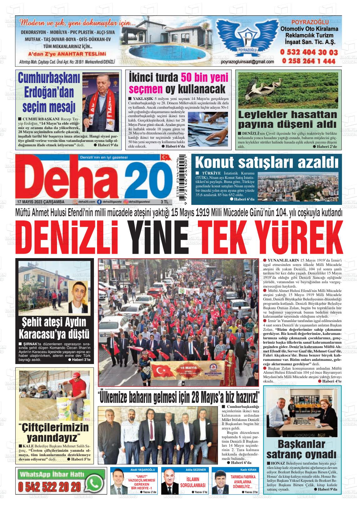 17 Mayıs 2023 Deha 20 Gazete Manşeti