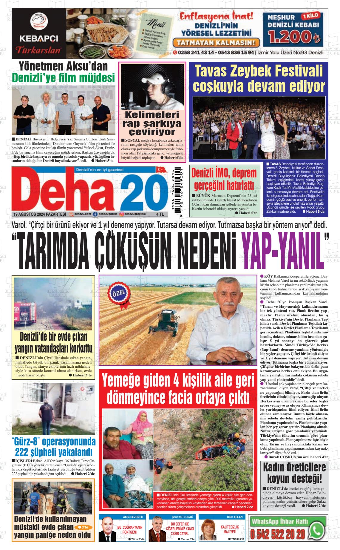 19 Ağustos 2024 Deha 20 Gazete Manşeti