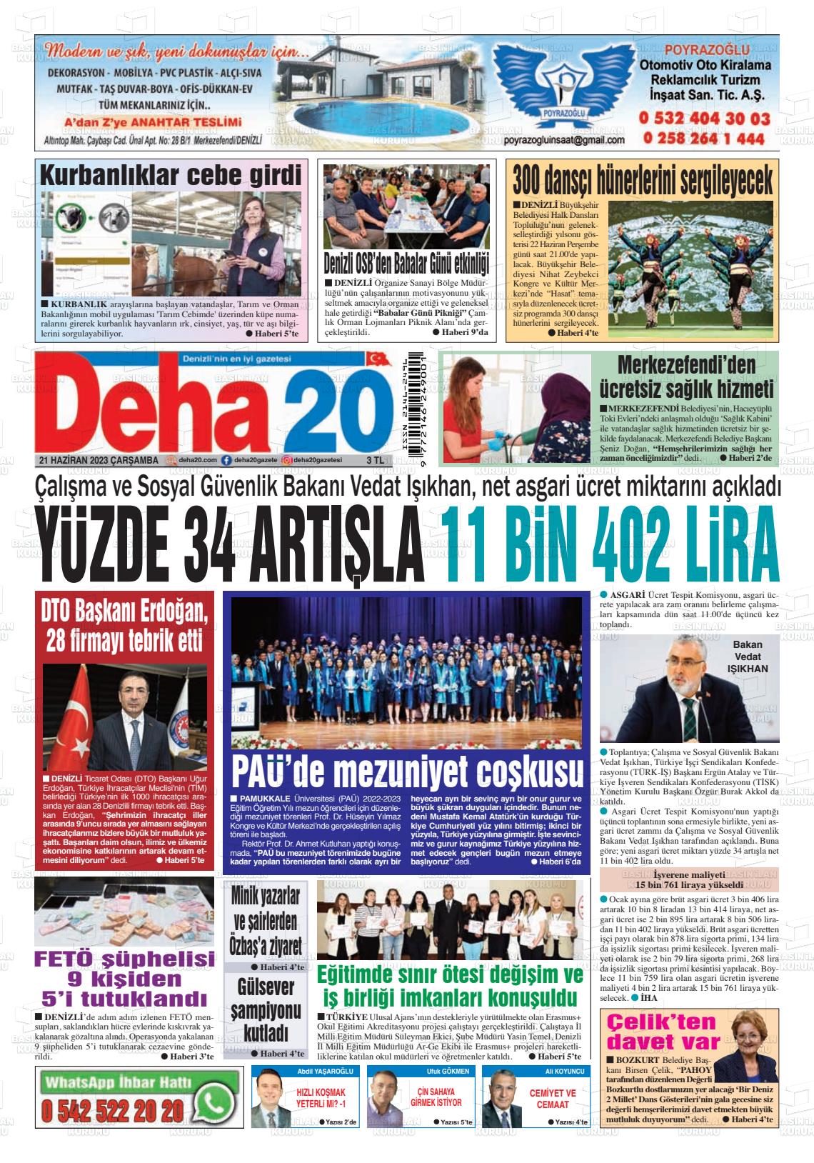 21 Haziran 2023 Deha 20 Gazete Manşeti