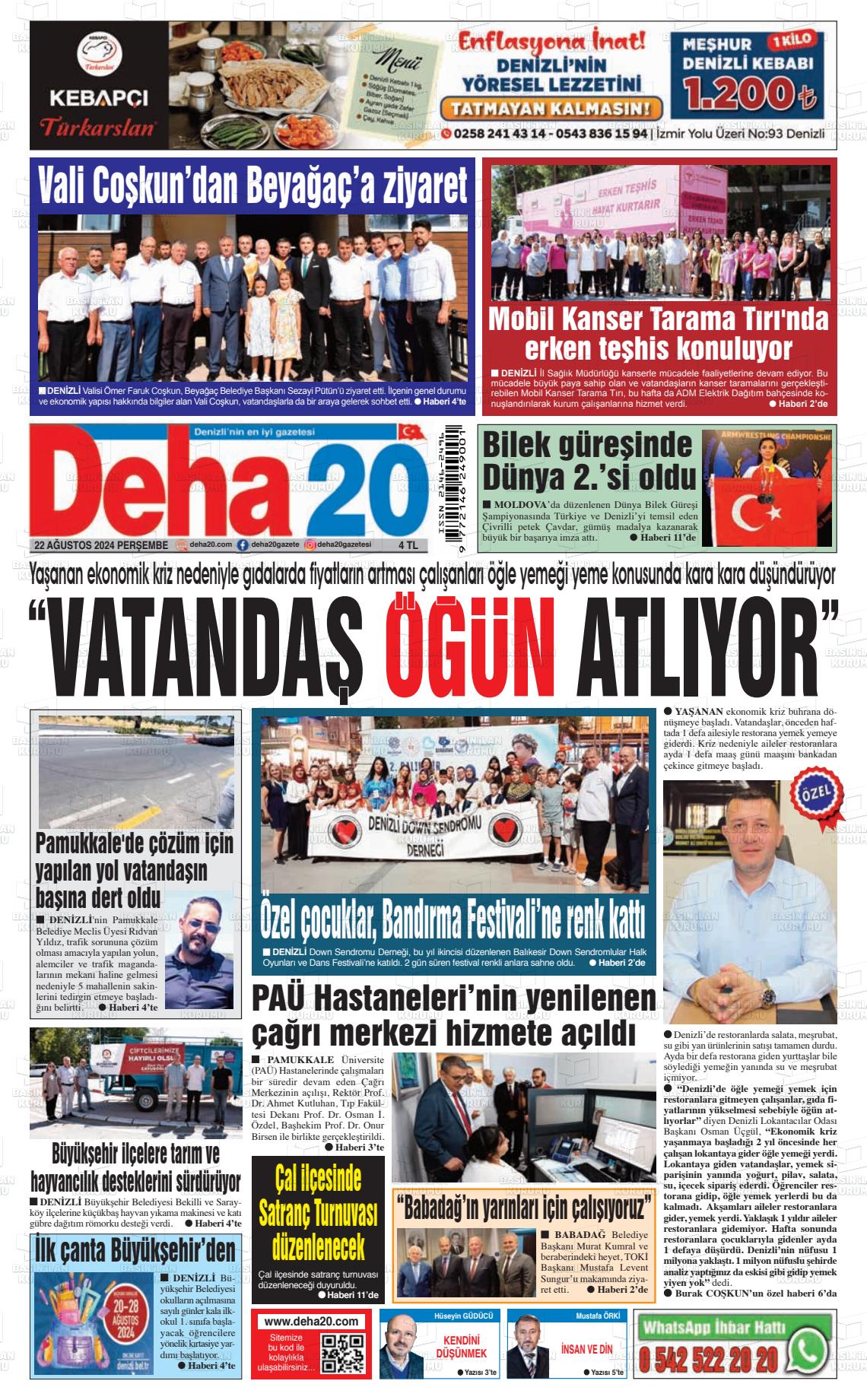 22 Ağustos 2024 Deha 20 Gazete Manşeti