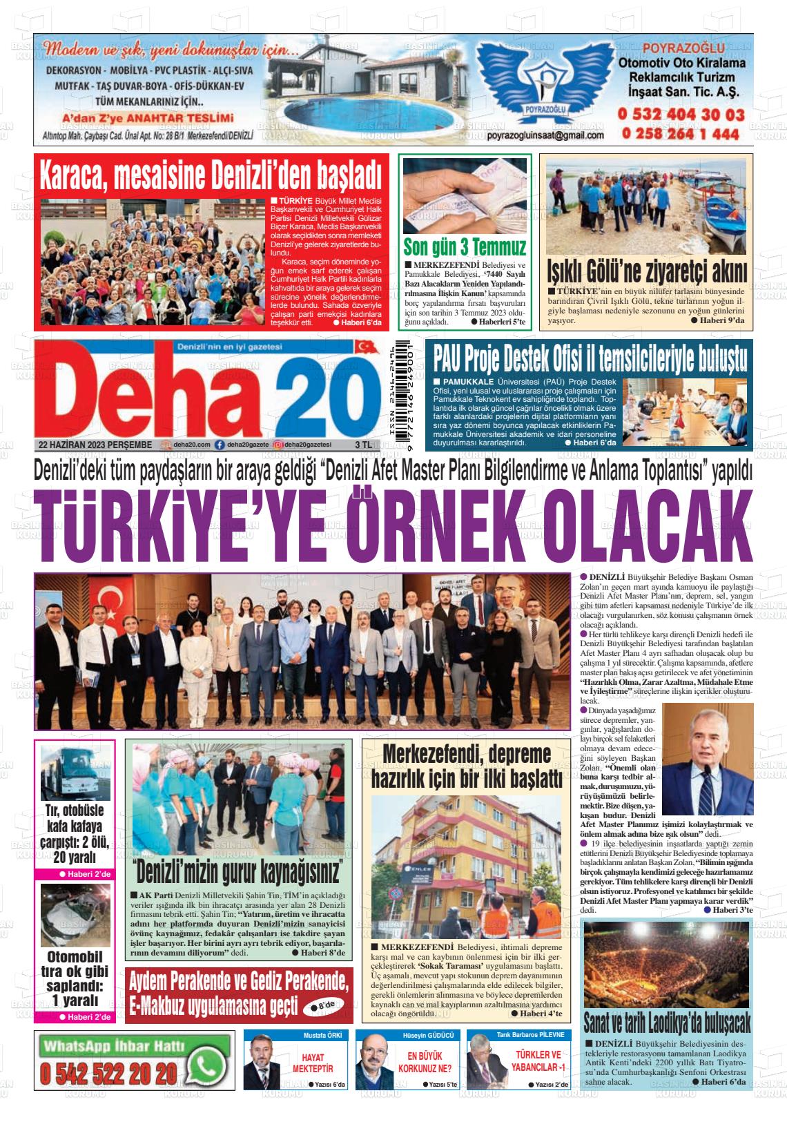 22 Haziran 2023 Deha 20 Gazete Manşeti