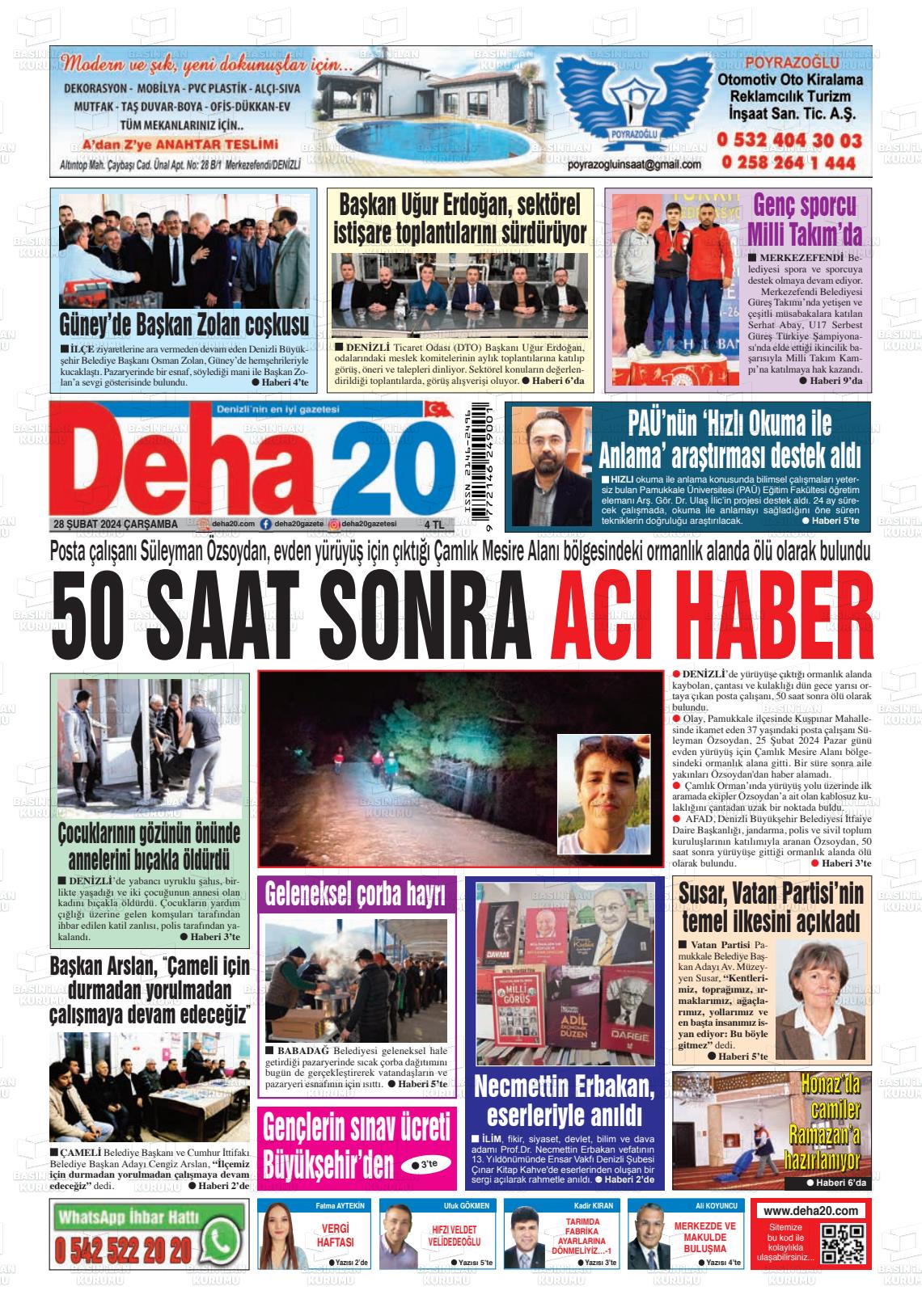 28 Şubat 2024 Deha 20 Gazete Manşeti