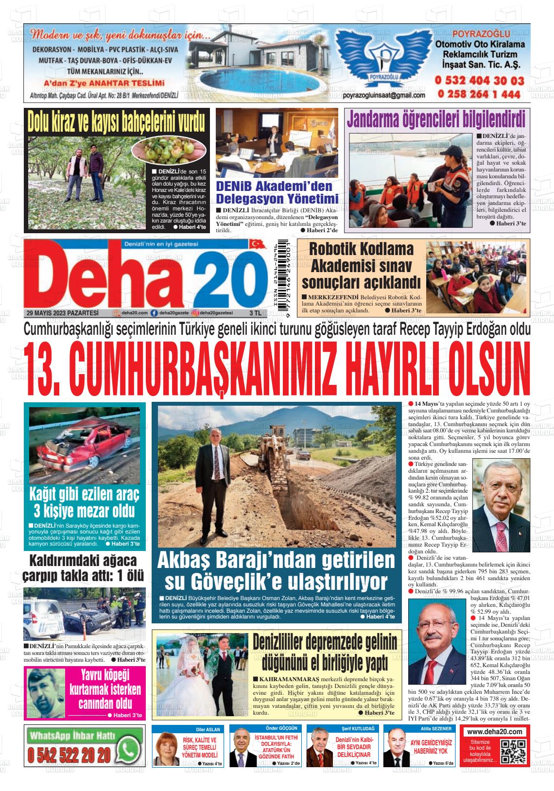 29 Mayıs 2023 Deha 20 Gazete Manşeti